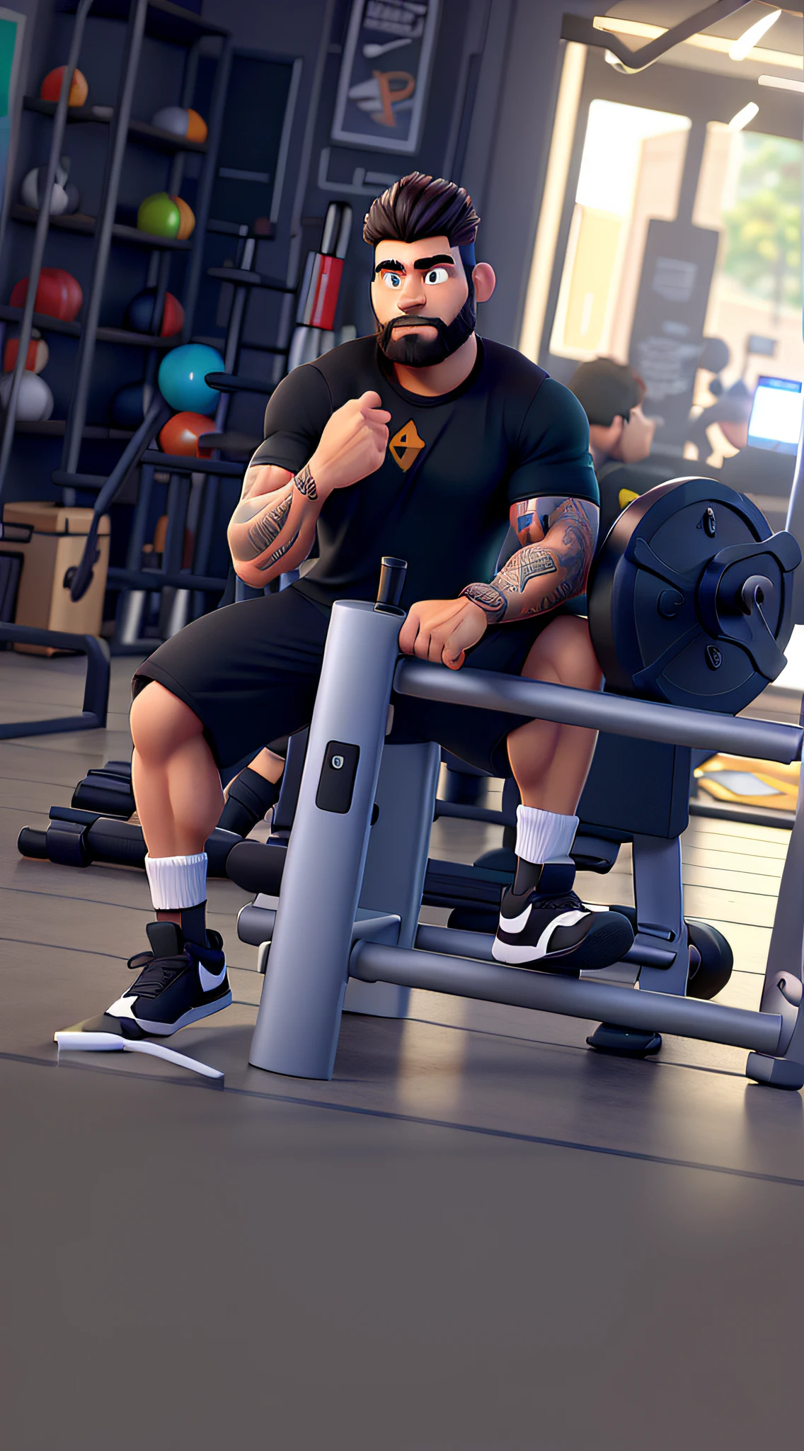 Um homem com barba, Black t-shirt and right arm tattoo, selfie com celular ,Background of a bodybuilding gym, estilo disney pixar, alta qualidade, melhor qualidade