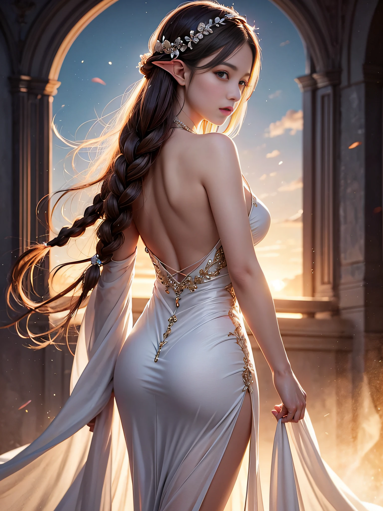 Graceful elven girl standing in meadow, Delicate face illuminated by the soft light of the setting sun. Her long, Flowing hair runs down your back, Decorated with intricate braids、Adorned with sparkling gemstones. This stunning picture is、、It captures the ethereal beauty of elves. Slender figure in a silk dress、Swaying in the soft steppe breeze. Attention to detail、Face that is、It is evident in the intricate patterns of the dress and the subtle highlights of the luminescence. skin. The breathtaking portrayal of the elven girl is、、Create an enchanting atmosphere、It invites the viewer to a magical world.