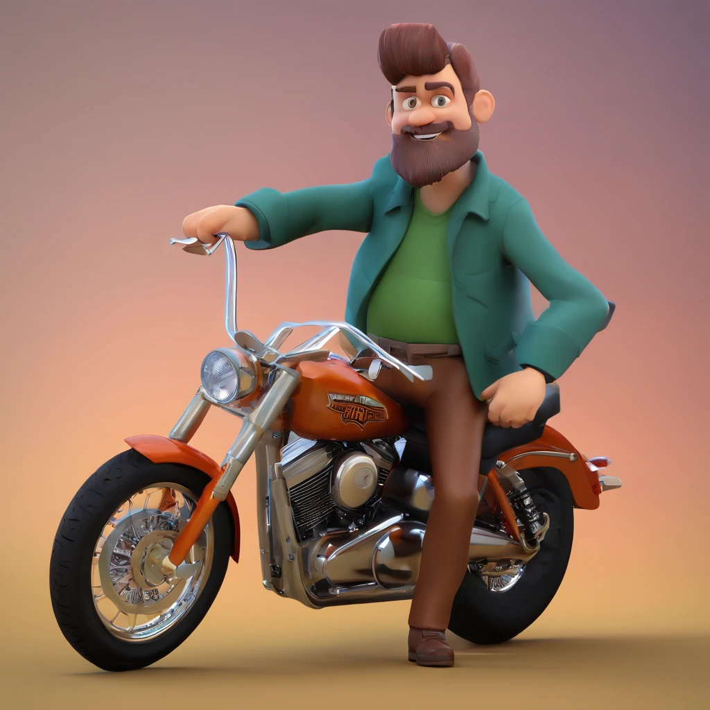 Create a Pixar poster 42-year-old man with medium beard , olhos verdes escuros, cabelo curto com penteado para o lado, vestindo jaqueta preta de couro, ao lado de uma moto Harley Davidson Ultra Classic preta