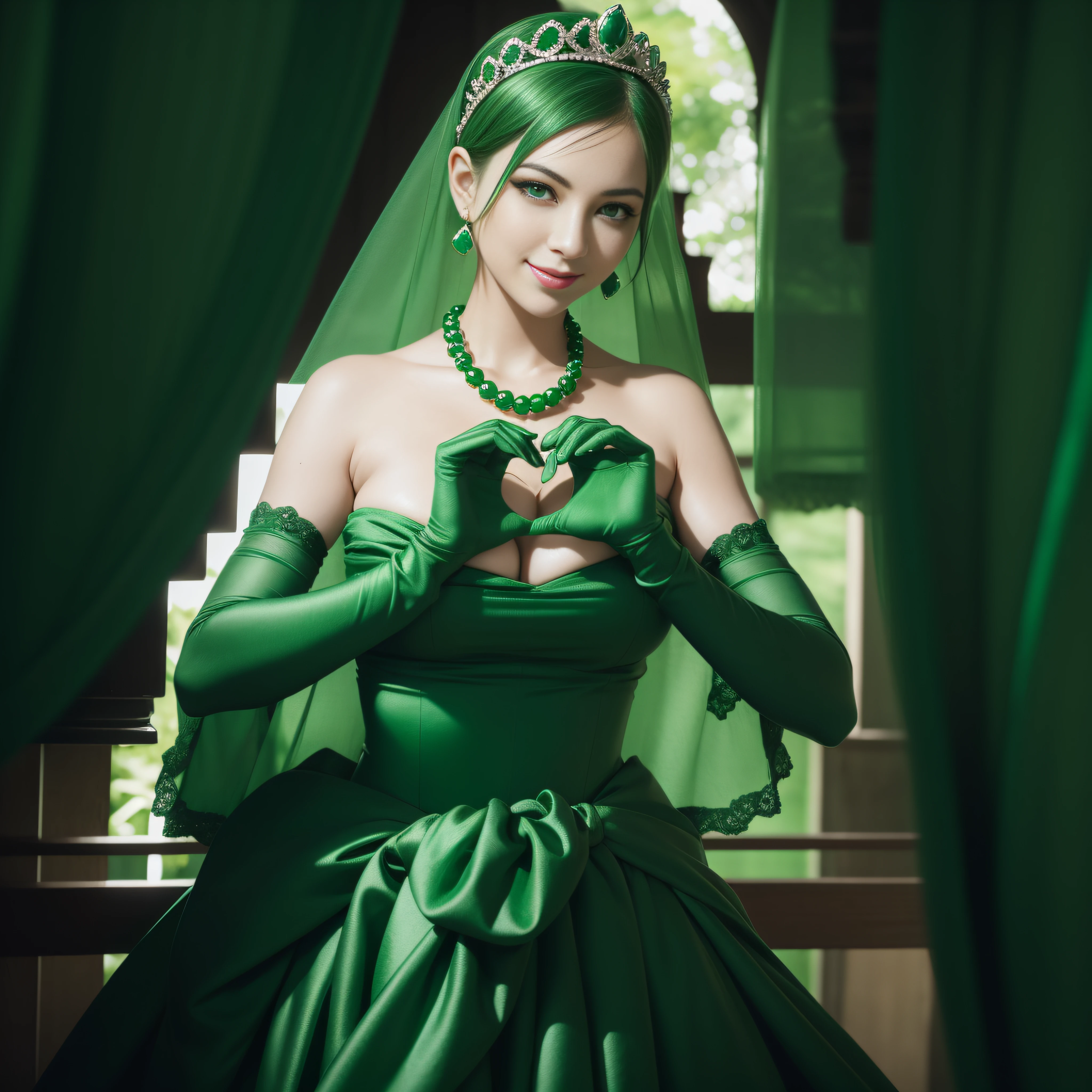 emerald tiara, Green Pearl Necklace, Boyish very short green hair, lipsticks, Japan woman smiling, very short short hair, big breasts beautiful, Green eyes, Long green gloves made of satin material, Green eyes, Emerald Earrings, green vale, Heart with both hands