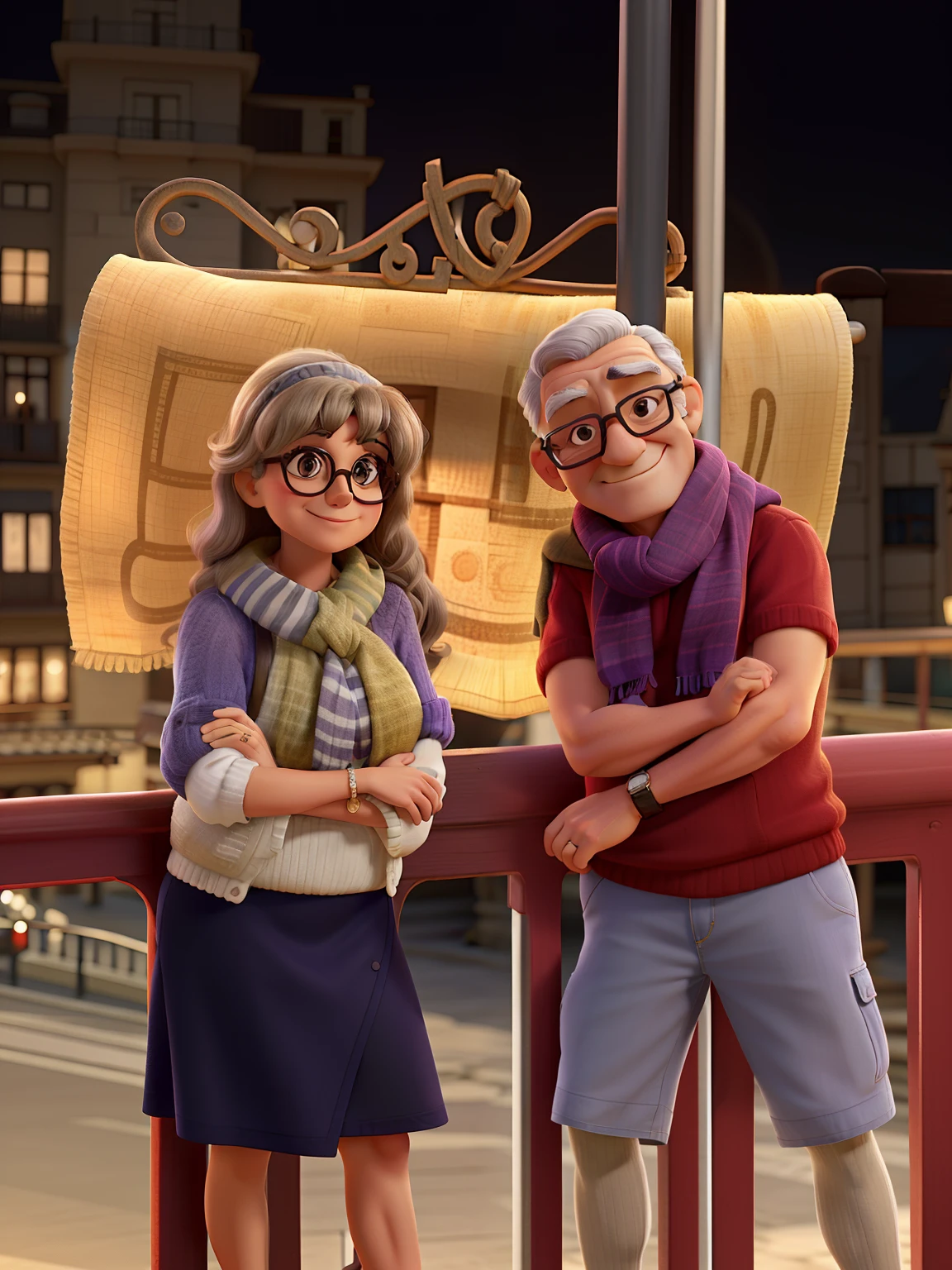 Senhora de 60 anos, cabelos lisos com franja, leaning on a railing next to a 60-year-old man, wearing glasses and scarf also leaning on a handrail