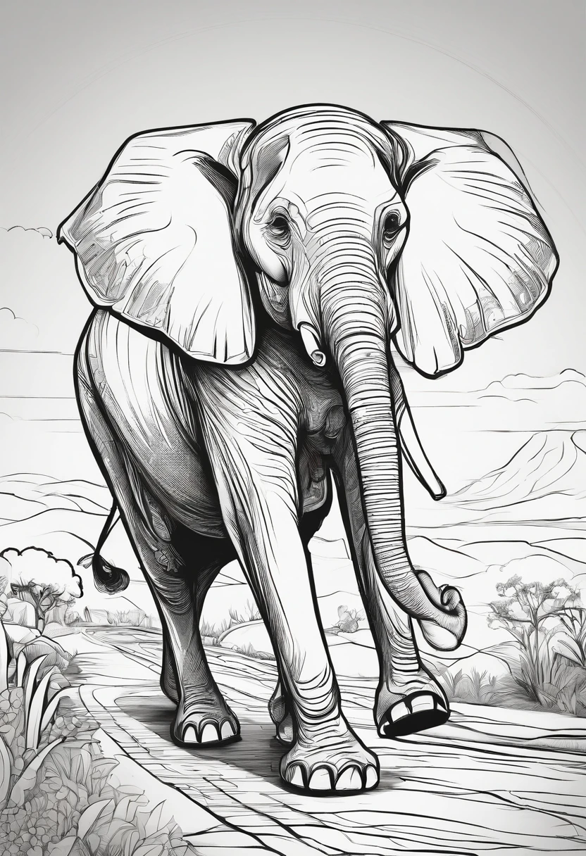 an elephant walkign in a pathway, line art, cartoon character, 3d style, high-quality, coloring book, lineart