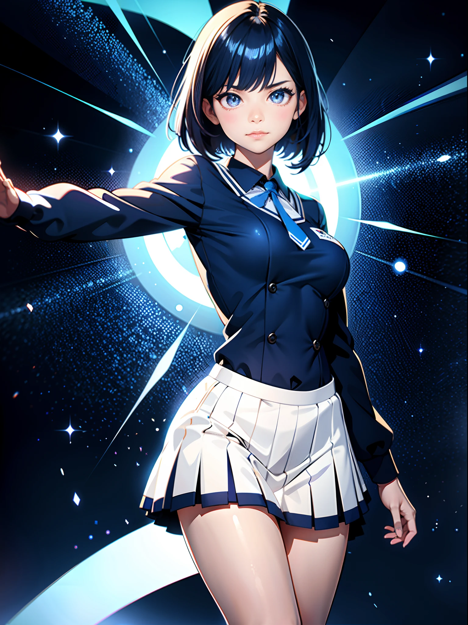 (best quality, 32k, RAW photo, incredibly absurdres, extremely detailed), anime, illustration, intelligent beauty, (magic tact and spins it while saying a spell:1.1), laugh like a prankster, happy, shy, white glossy flowing layered iridescent short hair, forehead, blue sparkling big eyes, full makeup, red alluring moist big thick lips, (white shirt, black miniskirt, black knee high socks, thighs:1.4), huge breasts, slender, perfect proportion, BREAK , (delicate, flashy and dynamic depiction), kaleidoscope, huge magic circle, pale full moon, static electricity, electric discharge, geometric pattern, irregularity, mysterious, sign of something happening, wide space at night, night sky, colorful, digital, art, background galaxy, rainbow colors neon line light, professional lighting