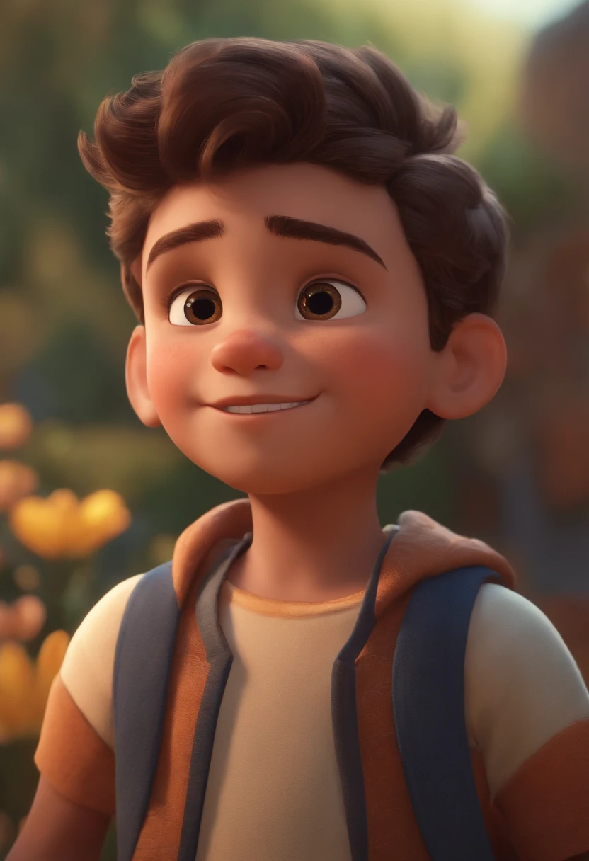 Image of a boy for a story in a YouTube video in Pixar format, He's the little allabester, He's the class leader, He's outgoing, Playful and gets up for a lot of things, cabelo curto