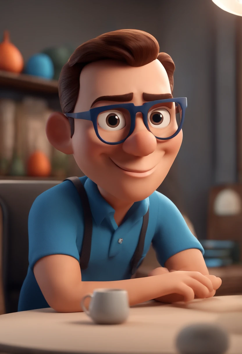 Cartoon character of a man with black glasses and a blue shirt, animation character, Caractere estilizado, animation style rendering, 3D estilizado, Arnold Maya render, 3 d render stylized, toon render keyshot, Personagem 3D, Personagem 3D, 3d rendering stylized, 3 d character render, personagem de desenho animado, Personagem de close up, Pose de personagem, (Estilo Pixar) (master part:1.2) (Bokeh) (best quality) (pele detalhada) (textura detalhada) (8k) (argila) (Cinematic lighting) (foco nítido