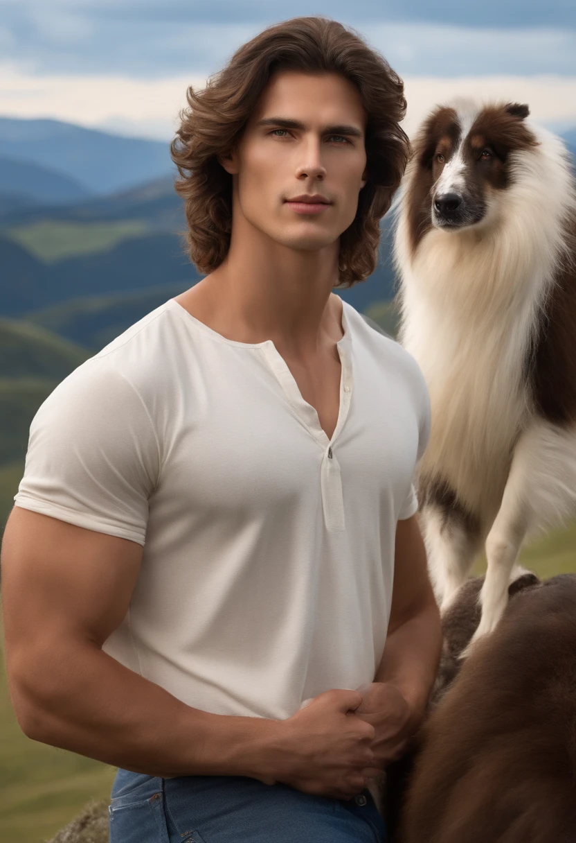 There's a handsome man with big brown hair, Standing on a mountain, pasto com vacas fundo, com pasto ao fundo, montanhas no fundo, No topo da montanha, No topo da montanha, vestindo camisa, Pants, mundo, Personagem mascote border collie, fila