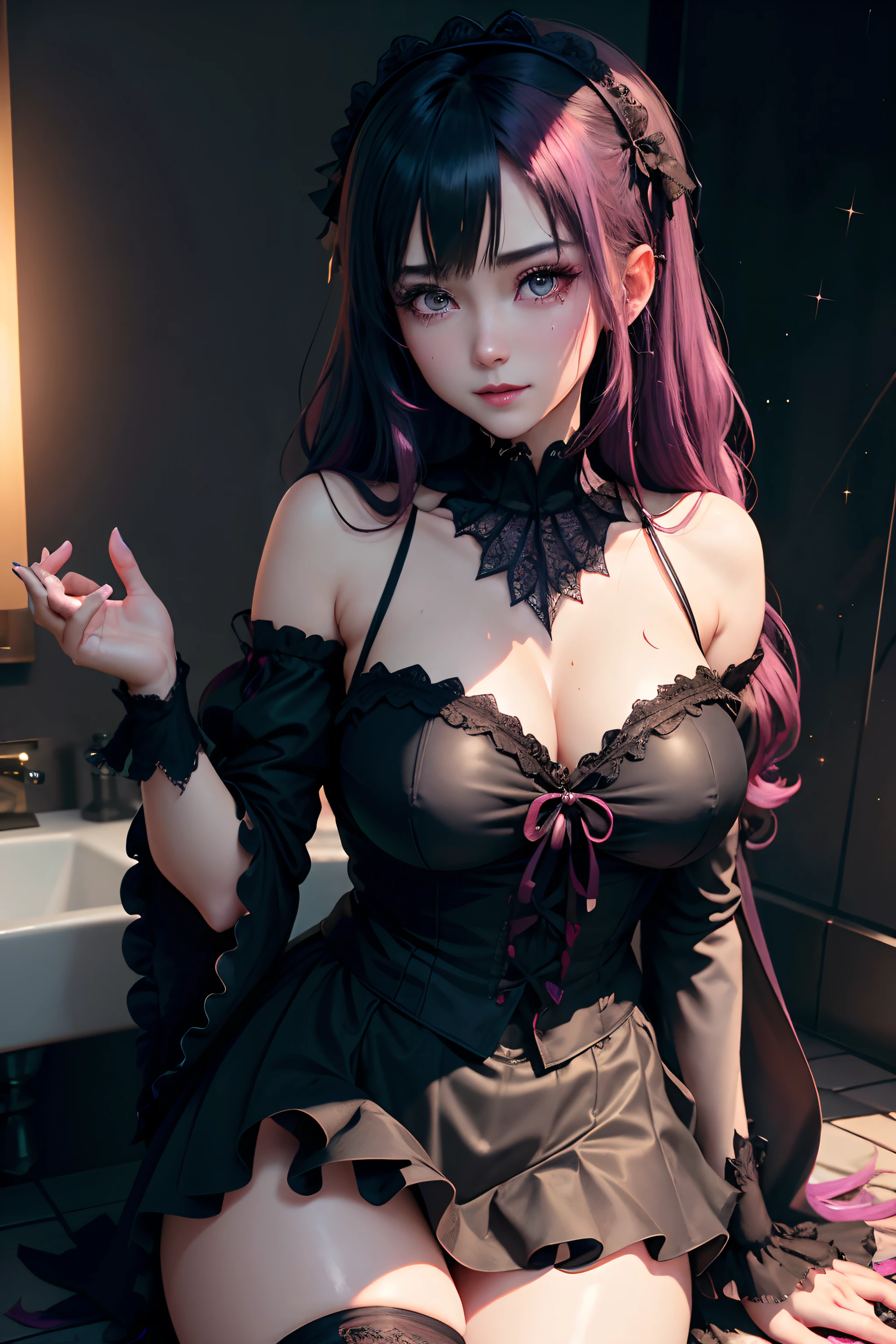 Hard Dark Gothic Makeup、Maniacal、Deep night sky、horor、Black Dark Eyeshadow、crying how bright、mourn、Good skin luster、Long hair straight hair、Dark Gothic Makeup、Dark smile、Restless Palace、Expressions of sexual arousal、Fragrant beauty、22year old、Lying、seductiv、Strong sexual pleasure facial expressions、A look of shame、Dark Gothic、Gothic ta、bell sleeves、Wizard Sleeve、Obscene look、Stained glass background、masutepiece、Best Quality、Refers to 5 books、Sweat glitters on my chest、Expression of sexual pleasure in anguish、Drunken face、maid clothes、Mysterious、noble、Face holding back the toilet、Flirty gothic lolithes、the body is wet and shiny、Transcendent sex appeal、sloppily open your legs、Glitter on thighs、I'm sweating a lot、Breast Size Medium、Affectionate smile、twin-tail hair、bright pink hair、The thighs are quite wet、Jet black ruffled mini skirt、Glamour、