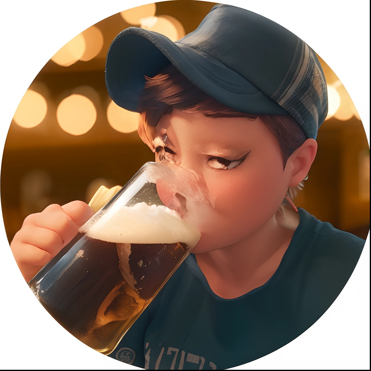 a girl with short hair in a bonnet drinking a large glass of beer