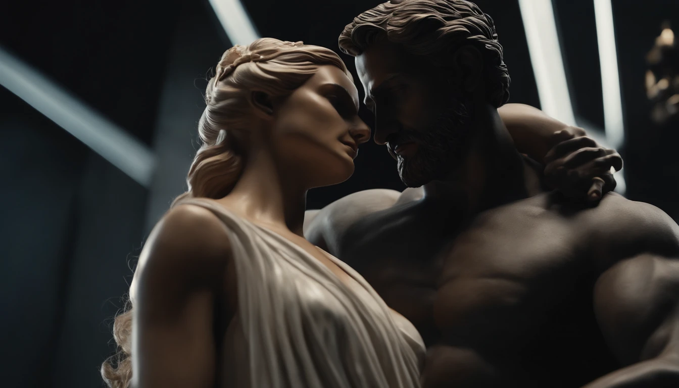 Stoic white marble statue, a muscular man and his wife next to him, with a dark cinematic 8K background, ultra realistic.