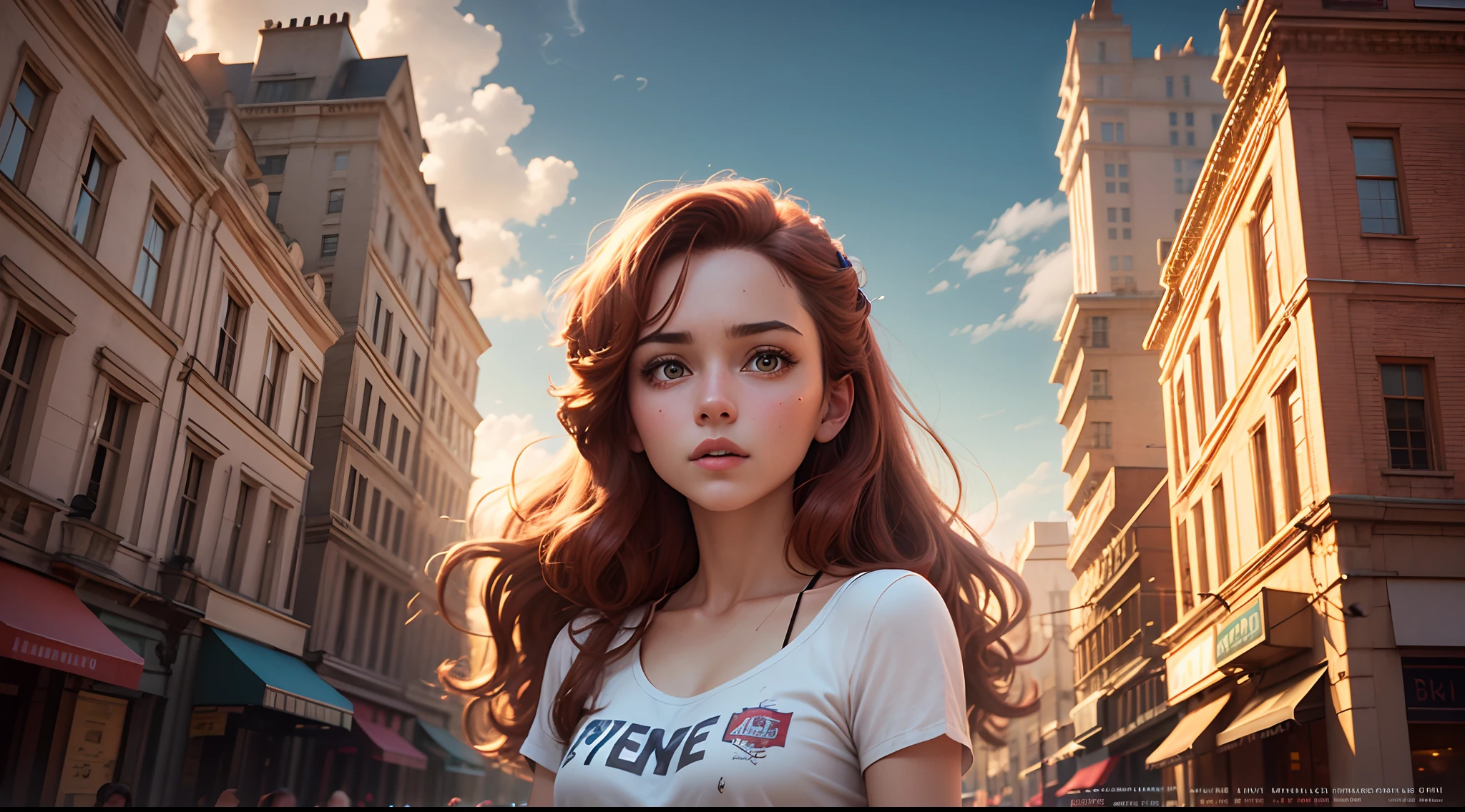 Cinema poster inspired by Disney/Pixar, scene of a beautiful young woman, with very long and straight honey brown red hair, brown eyes and big Dynamic 3D Pixar Background, 8k -ar- 9:16 --auto --s2