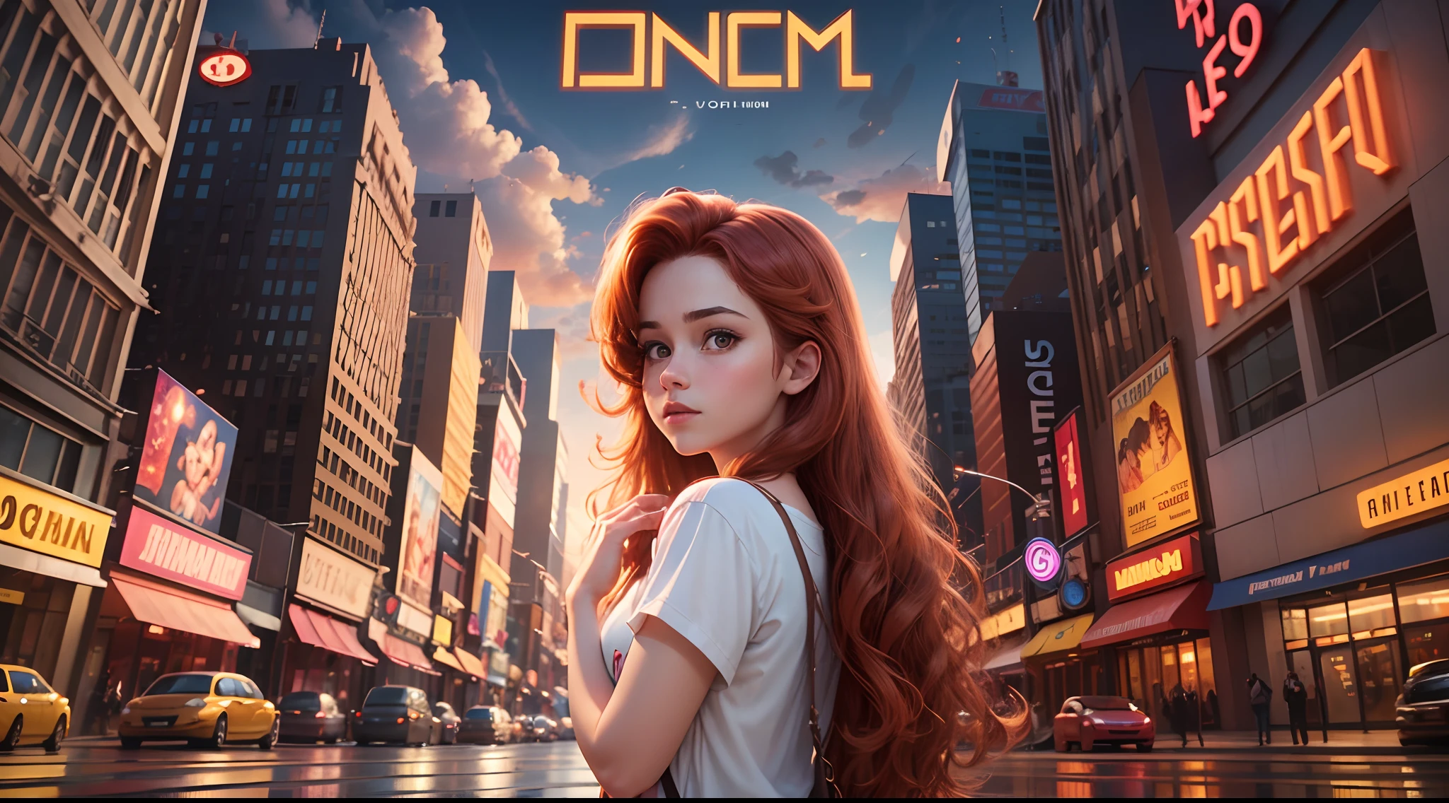 Cinema poster inspired by Disney/Pixar, scene of a beautiful young woman, with very long and straight honey brown red hair, brown eyes and big Dynamic 3D Pixar Background, 8k -ar- 9:16 --auto --s2