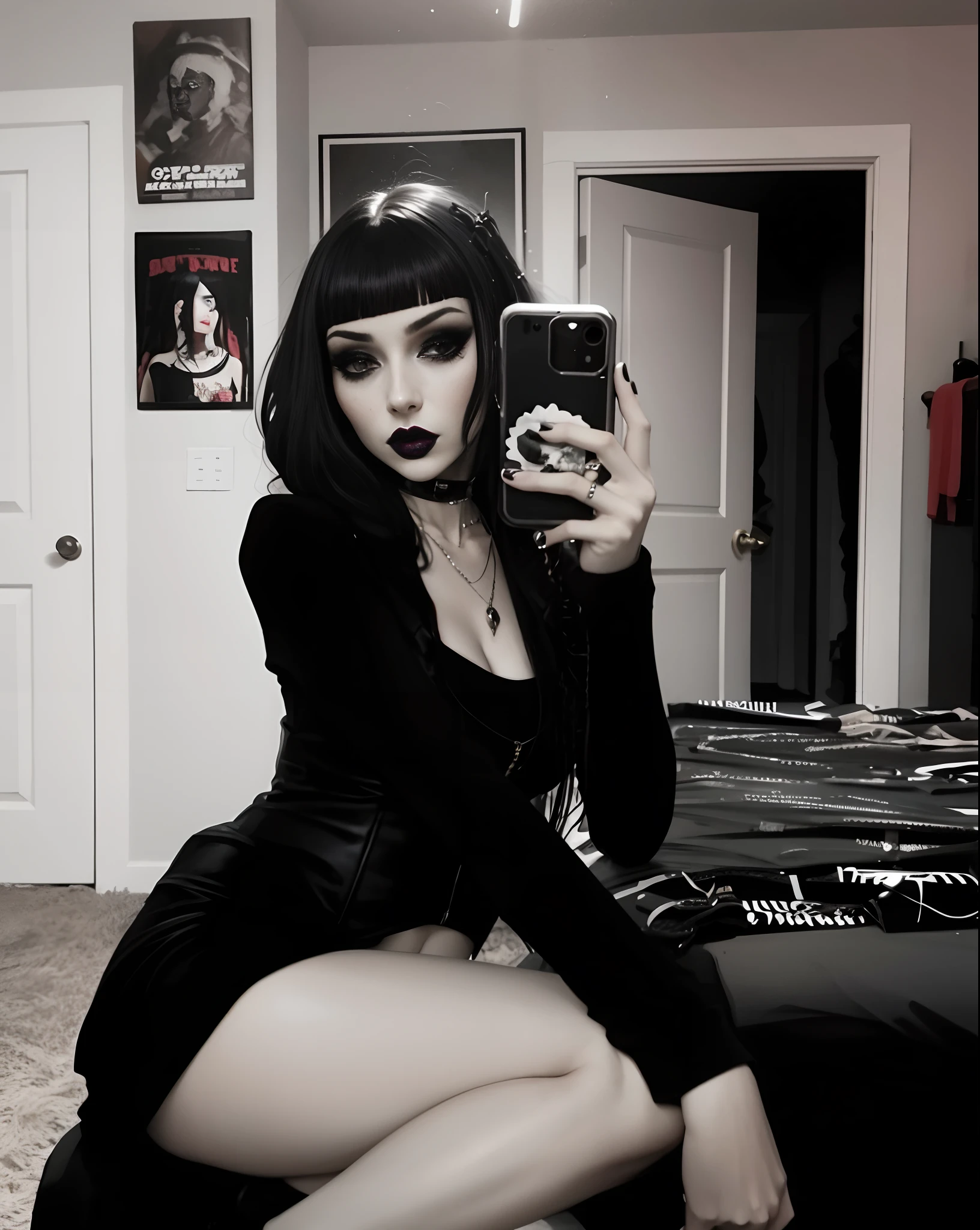 Araffe mulher em vestido preto tirando uma selfie com seu celular, goth girl aesthetic, gothic aesthetic, darkwave goth aesthetic, gothic horror vibes, goth girl, 1 7 -  - old h girl, gothic aesthetic, goth vibe, gothic style, pale goth beauty, goth woman, dark goth queen, wearing goth makeup, mona lisa as a goth girl