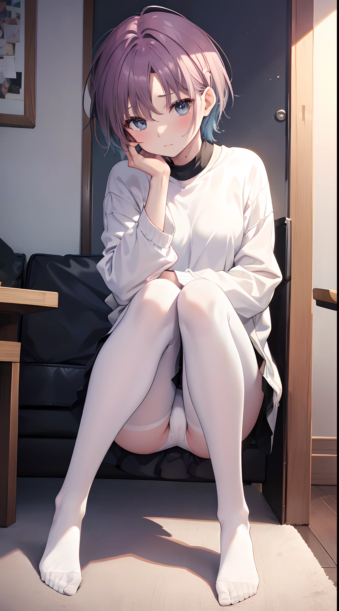 Toru Asakura、Mature and slender body shape1Japan of people18Year old girl、slightly disheveled hair、Full body view from head to toe、blushing look、Puzzled look、Excited look、Sweating、Upward expression、Composition from slightly below、Sitting facing the front、M-shaped legs、crouching down、It spreads in an M shape、Holding your feet、small tits、Underwear、White bra、White panties、Black pantyhose、(Black_pantyhose):1.2)、Show white panties through stockings、No shoes、Bedrooms、inside in room、during daytime、blushing、looking at the viewers、Panchira、Composition from the front、watching at viewers、Slender feet、Slender thighs、Slim toes、White panties are visible