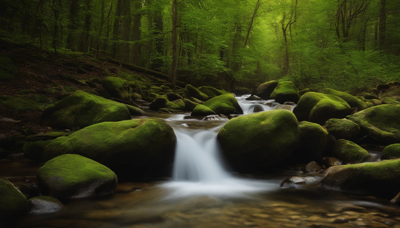 Alta nitidez,Master masterpieces,Fuji,Fotos RAW,(Fidelidade:2.560 px por 1.440 px),Poster effect,The base color is bright,Large green area,luz natural, grandes pastagens,Havia um pouco de nevoeiro,primavera,The main color is green,small stream,Three small stones by the stream,Birch Forest,perspectiva em primeira pessoa