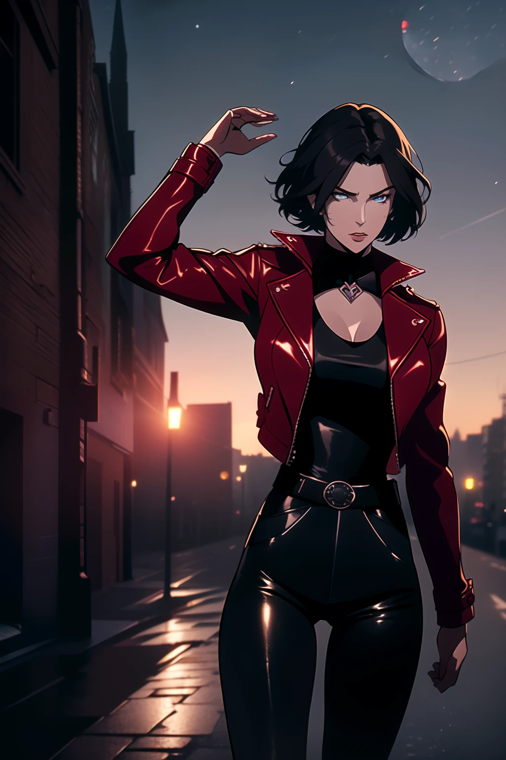 (Masterpiece, Best Quality), (A Gorgeous 25 Years Old British Female Vampire Mercenary), (Wavy Bobcut Black Hair:1.4), (Pale Skin:1.2), (Blue Eyes), (Serious Looking), (Wearing Red Leather Jacket, Black V-Neck Inner Shirt, and Black Tight Pants:1.6), (Busty Chest Size:1.4), (Dynamic Pose:1.4), (City Road at Night with Moonlight:1.6), Centered, (Waist-up Shot:1.4), From Front Shot, Insane Details, Intricate Face Detail, Intricate Hand Details, Cinematic Shot and Lighting, Realistic and Vibrant Colors, Masterpiece, Sharp Focus, Ultra Detailed, Taken with DSLR camera, Depth of Field, Incredibly Realistic Environment and Scene, Master Composition and Cinematography, castlevania style