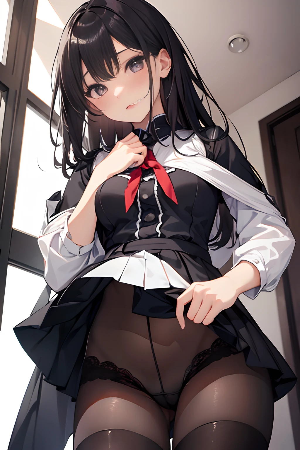 Girl seen from the floor, You can wear skirts and shorts, View from below, Long stockings or pantyhose, medium breasts, ((Very detailed)), (Perfectly detailed face), (Highly detailed hands), Photorealistic images.、Not wearing panties、、NSFW、Oily skin、Love Juice