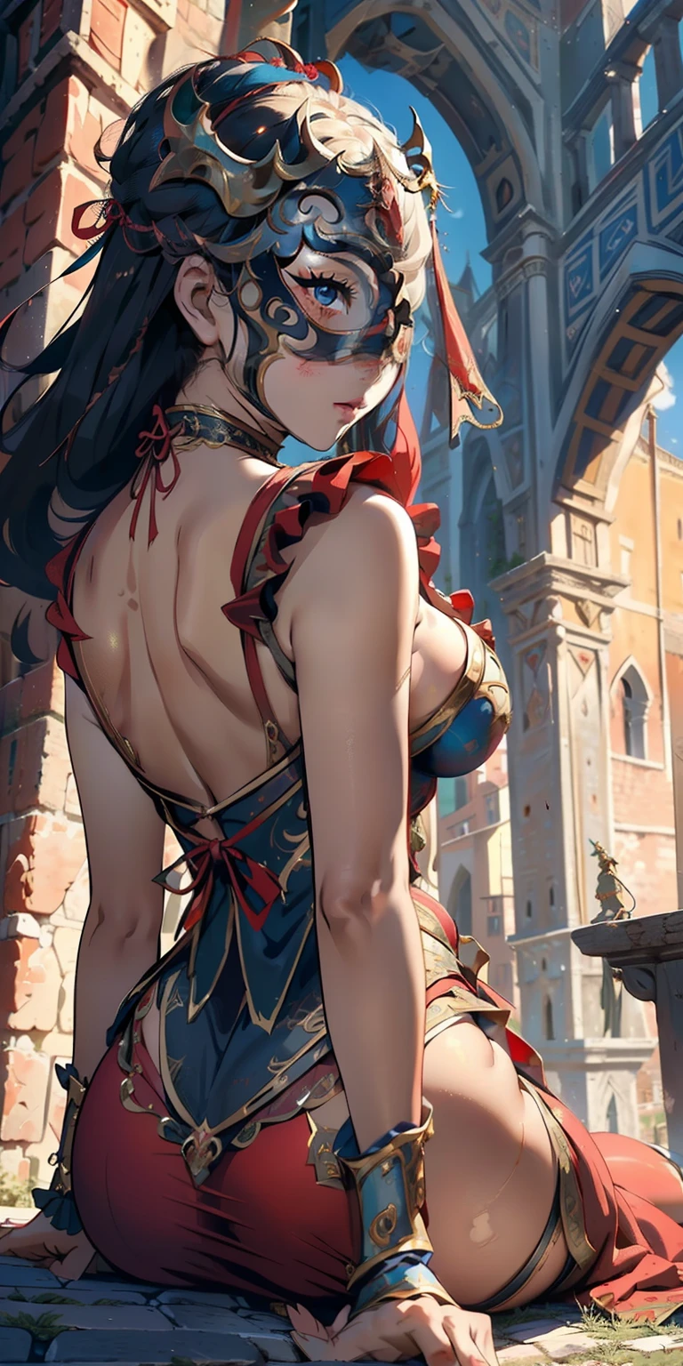 realisticlying、****************、、Sideways view、Buttock emphasis、(Emphasis on the thighs)、Medieval Italy(Super close-up from below)((Wearing the Venetian Mikloy((Masquerade))、Wearing a red dress in medieval Europe、Ancient castles in Italy、Cleavage Emphasis Colorful Sexy Pose