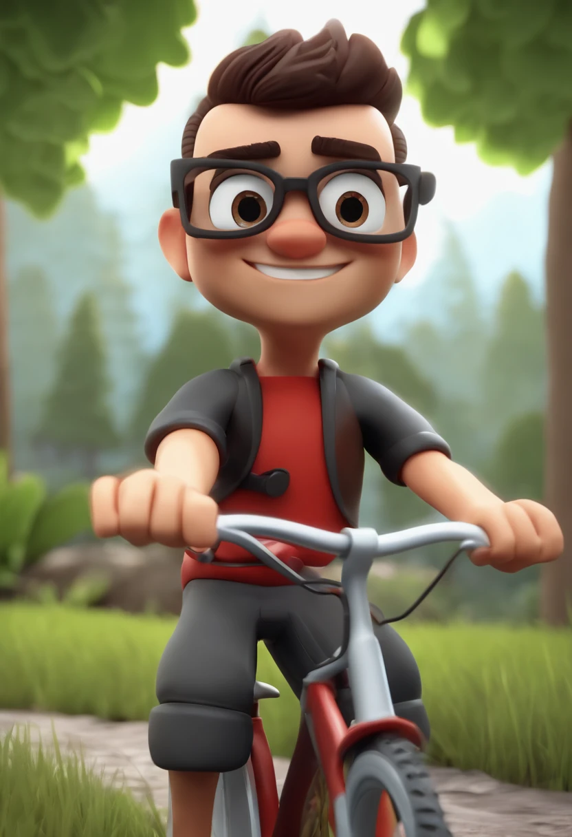 Cartoon character of a man with white glasses and black lens, cabelo cacheado comprido e amarrado preto escuro e uma camisa xadrez, em uma bicicleta vermelha estilo montain bike, animation character, Caractere estilizado, animation style rendering, 3D estilizado, Arnold Maya render, 3 d render stylized, toon render keyshot, Personagem 3D, Personagem 3D, 3d rendering stylized, 3 d character render, personagem de desenho animado, Personagem de close up, Pose de personagem,  (Estilo Pixar) (master part:1.2) (Bokeh) (best quality) (pele detalhada) (textura detalhada) (8k) (argila) (Cinematic lighting) (foco nítido