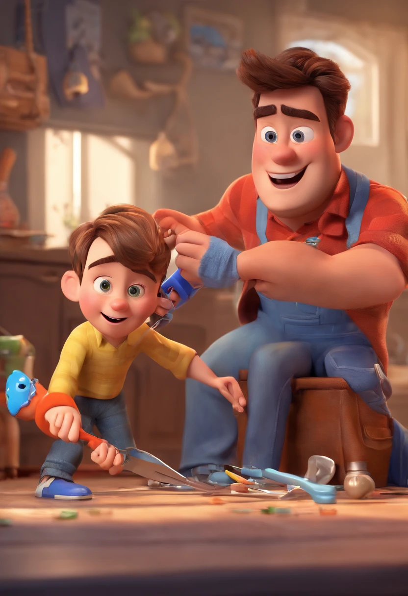 Estilo Pixar: The grown man is holding a naked blue-eyed boy and in his other hand he is holding a pair of scissors and is trying to cut off the boy's testicles,3D Poster,Disney