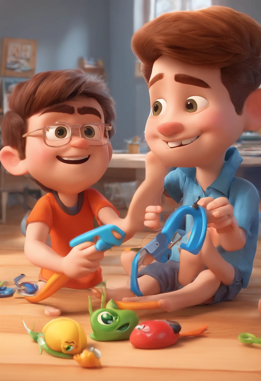 Estilo Pixar: The grown man is holding a naked blue-eyed boy and in his other hand he is holding a pair of scissors and is trying to cut off the boy's testicles,3D Poster,Disney