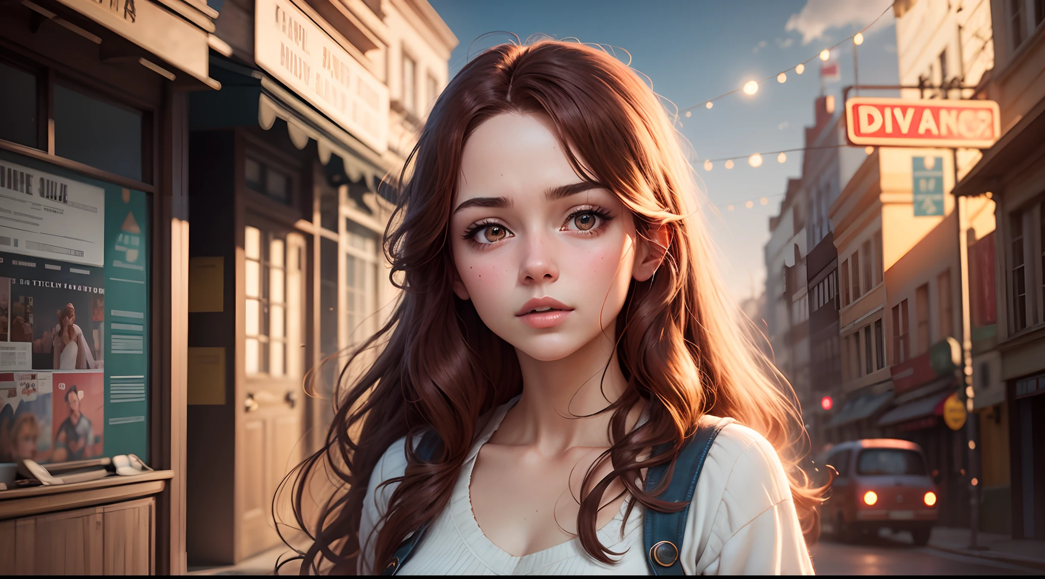 Cinema poster inspired by Disney/Pixar, scene of a beautiful young woman, with very long and straight honey brown red hair, brown eyes and big Dynamic 3D Pixar Background, 8k -ar- 9:16 --auto --s2