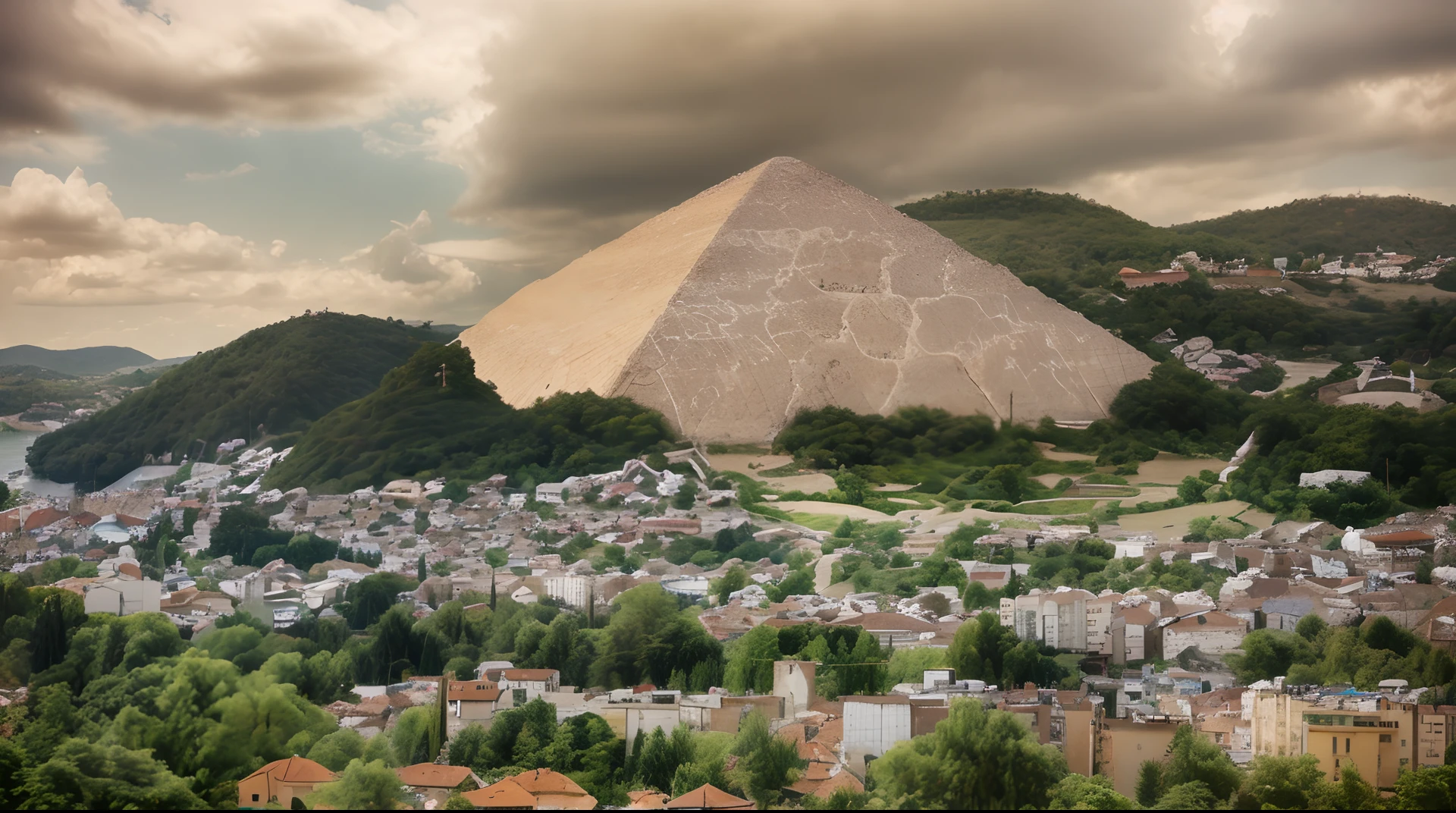 there is a large pyramid in the middle of a city, bosnian city, a pyramid surrounded with greenery and builidngs, inspired by Christo, very coherent image, cant believe it is real, very very surreal, by Juan Giménez, by Germán Londoño, by Ernő Bánk, pyramid, by Zoran Mušič,