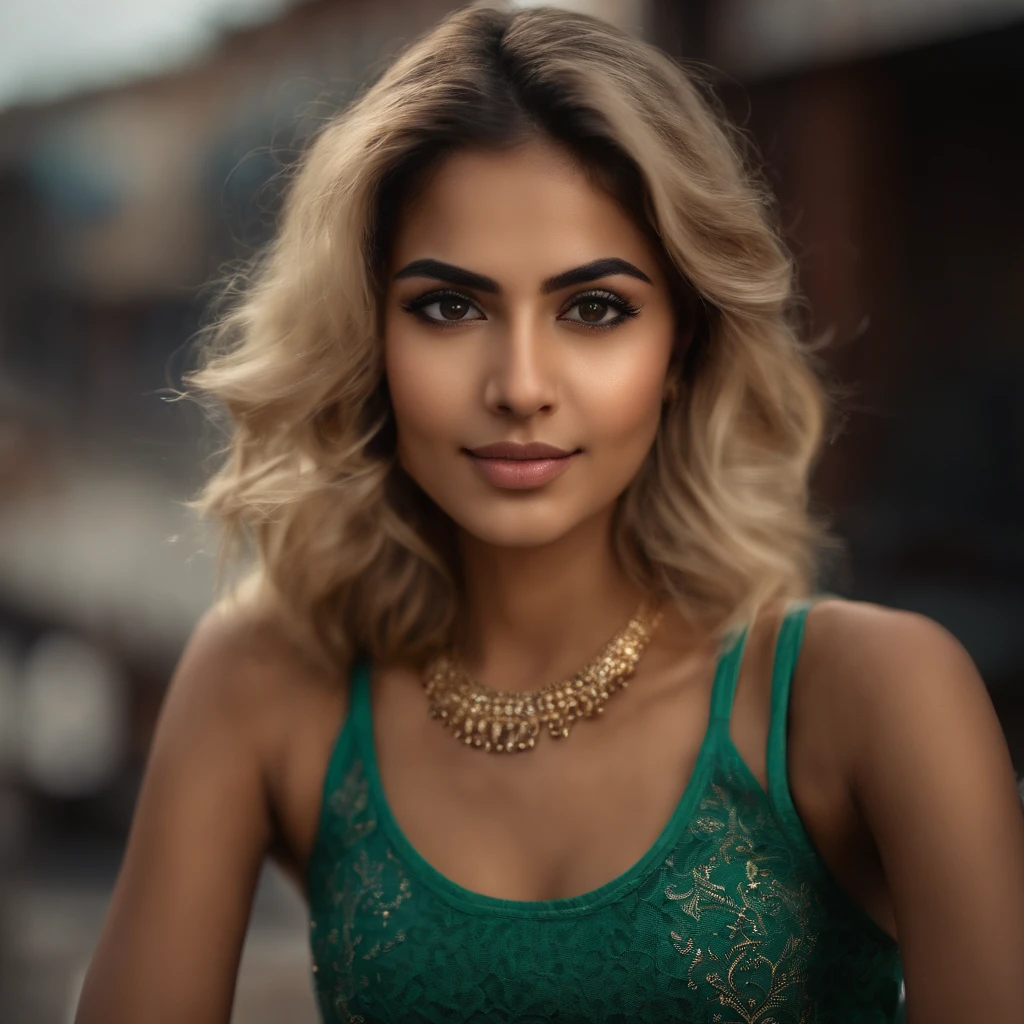 (medium shot, upper body portrait:1.3) photo of a gasping, (perfect teeth:1.3) hopeful thin young 25 year old Gujarati woman with medium natural bohemian blonde hair, light brown narrow eyes, square face, round nose, wide jaw, full mouth, straight brows, square chin, (small breasts:1.3), toned ass, (perfect hands:1.5), (manicured nails:1.1). She is wearing a (jade satin crop top and leggings:1.1), platform heels, choker, earrings, bracelet. She is slutty sitting, legs apart facing away from camera, in a (heavy metal style:1.3) city with electronics and terminals in the background, garage visible through window. night, cloudy. cinematic lighting, vibrant colors, detailed skin texture, detailed cloth texture, beautiful detailed perfect face, intricate sharp details, ultra high res