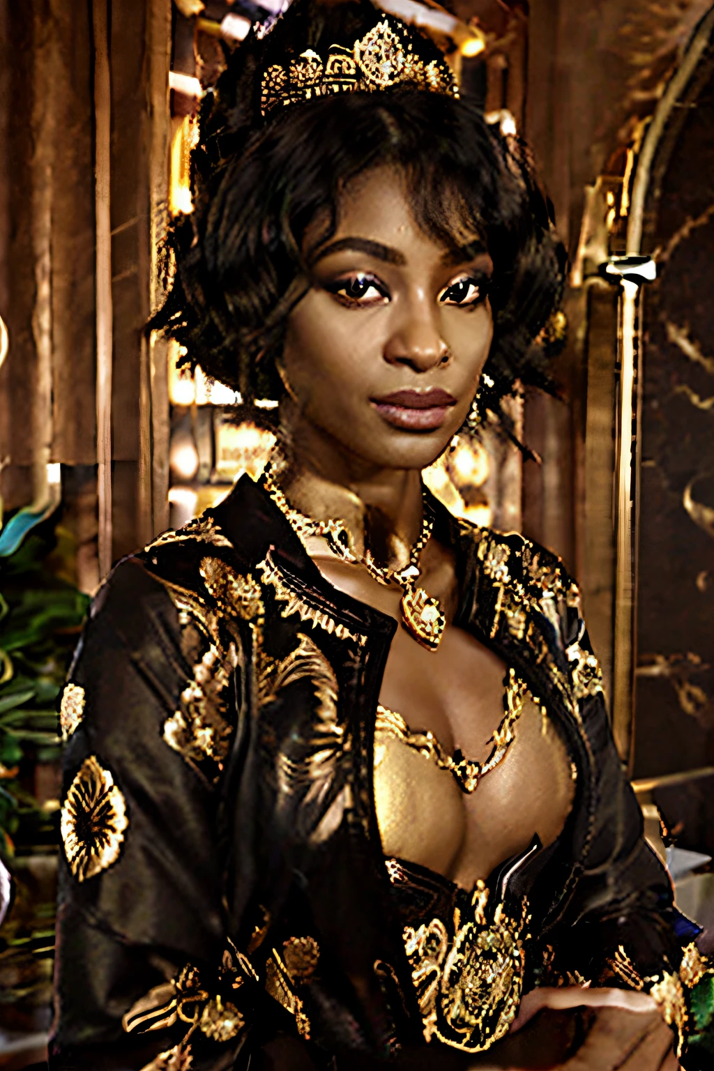 Black woman with african features in a black dress with gold embroidery, detalhes intrincados. frente em, delicado detalhamento golden stroke, em vestes escuras , usando uma roupa ornamentada, detalhes intrincados dourados, Detalhamento intrincado, colar detalhado de ouro, vestido ornamentado, roupa intrincada, Embroidered robes, detalhes finos intrincados em ouro, intrincados elementos dourados, roupas intrincadas, usando um kurta de seda