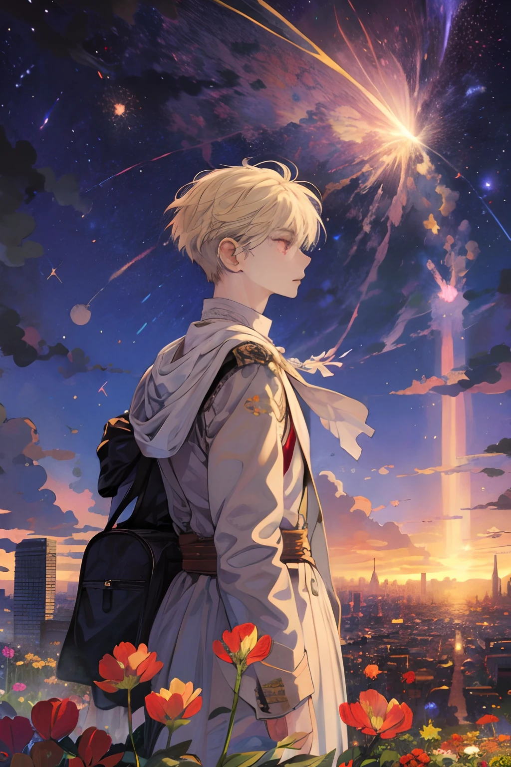(((masterpiece))),best quality, 1male, night sky, meteor rains, city, flowers