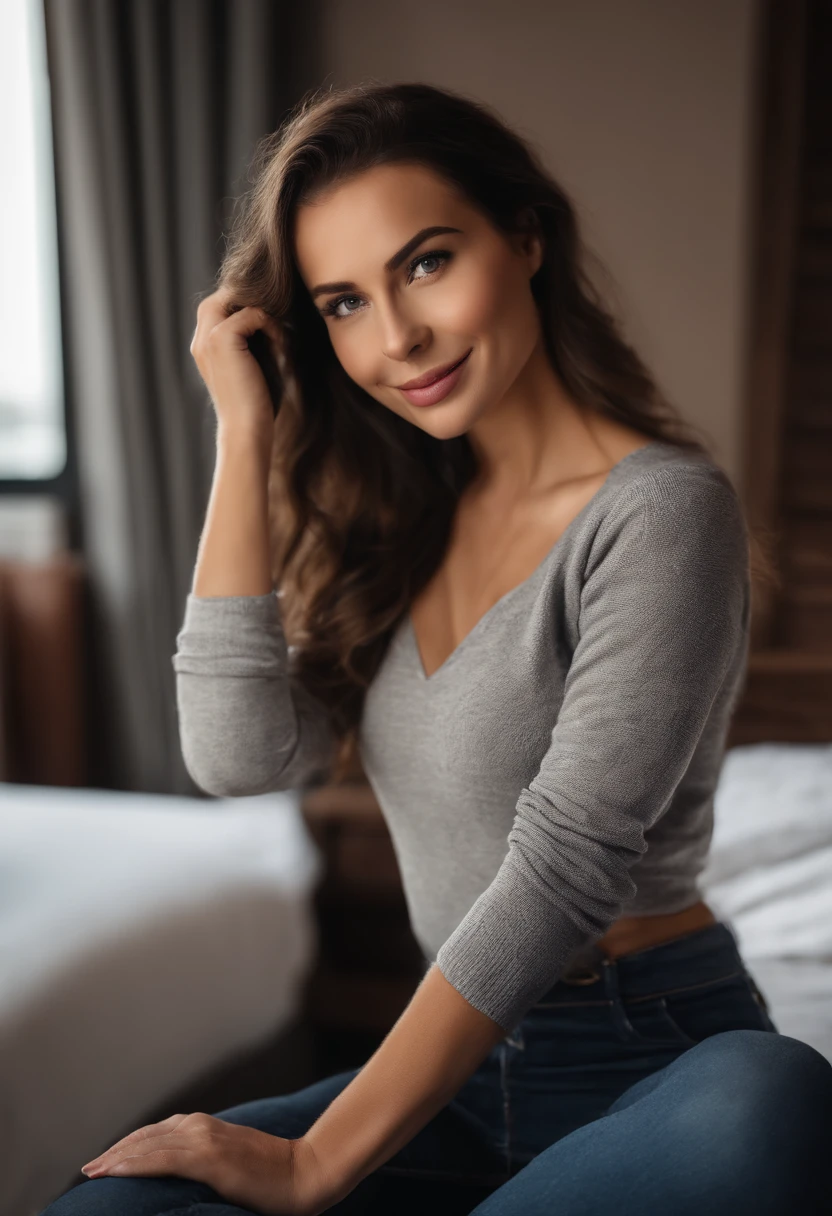 Beautiful brunette wearing sweater(macht selfie im hotelzimer), sehr detailliert, 21 Jahre alt, Unschuldiges Gesicht, Natural wavy hair, blaue Augen, high resolution, Meisterwerk, best quality, Komplizierte Details, Highly detailed, Scharfer Fokus, Detaillierter Skin, Realistische Hautstruktur, Textur, Detaillierte Augen, Professionell, 4K, charming smile, aufgenommen mit Canon, 85mm, light depth of field, Kodak Vision Farbe, Perfectly fitting body, Extrem detailliert, Foto_\(Ultra\), Fotorealistisch, realistisch, Nachbearbeitung, Maximale Detailgenauigkeit, Rauhigkeit, wirkliches Leben, Ultra realistisch, Fotorealismus, Fotografie, 8K UHD, Fotografie