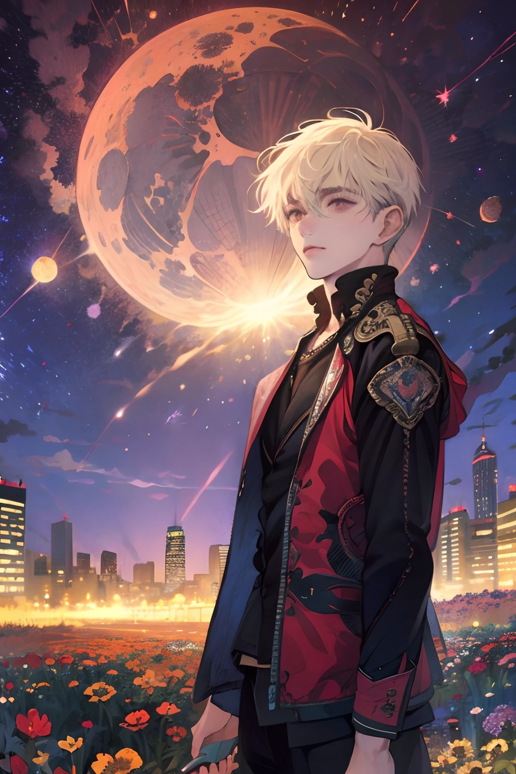 (((masterpiece))),best quality, 1male, night sky, meteor rains, city, flowers