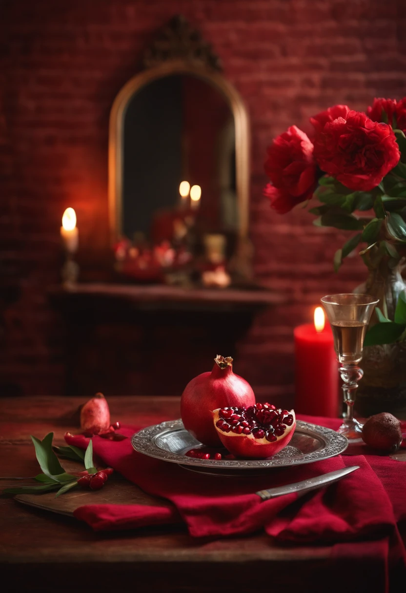 Yalda night, broken red pomegranate, mirror, cashmere table, brick wall,