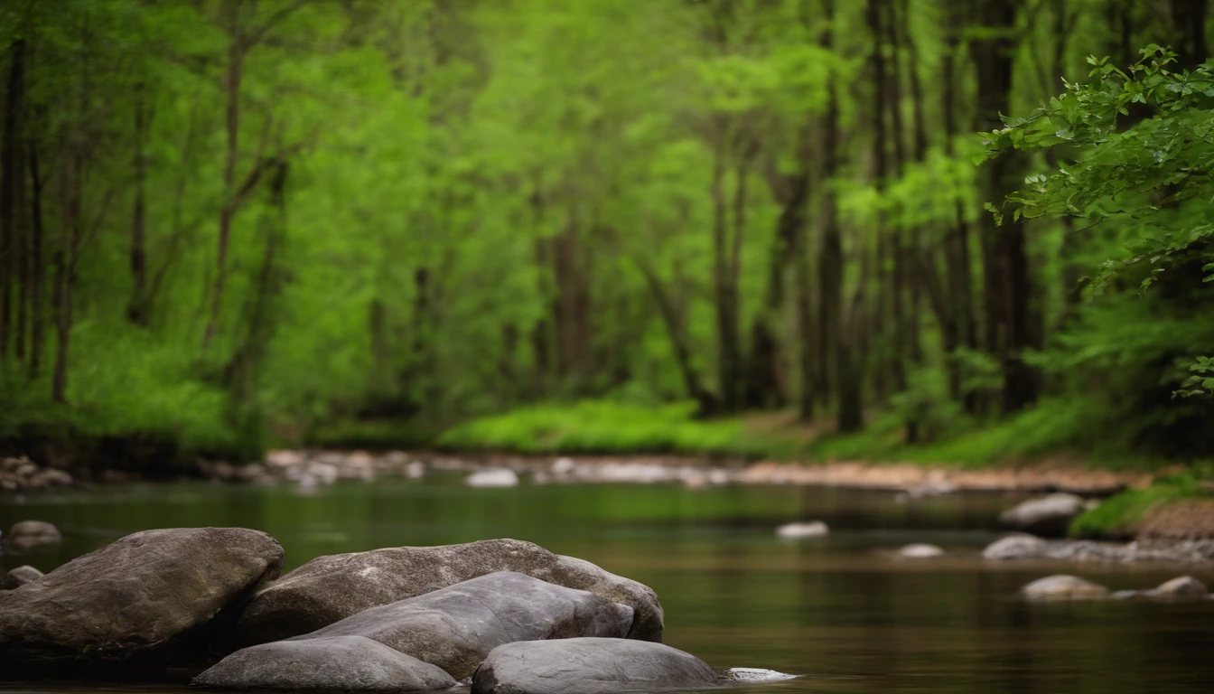 Alta nitidez，Master masterpieces，Fuji，Fotos RAW，（Fidelidade：2.560 px por 1.440 px），Poster effect，The base color is bright，Large green area，luz natural， grandes pastagens，Havia um pouco de nevoeiro，primavera，The main color is green，small stream，Three small stones by the stream，Birch Forest，perspectiva em primeira pessoa