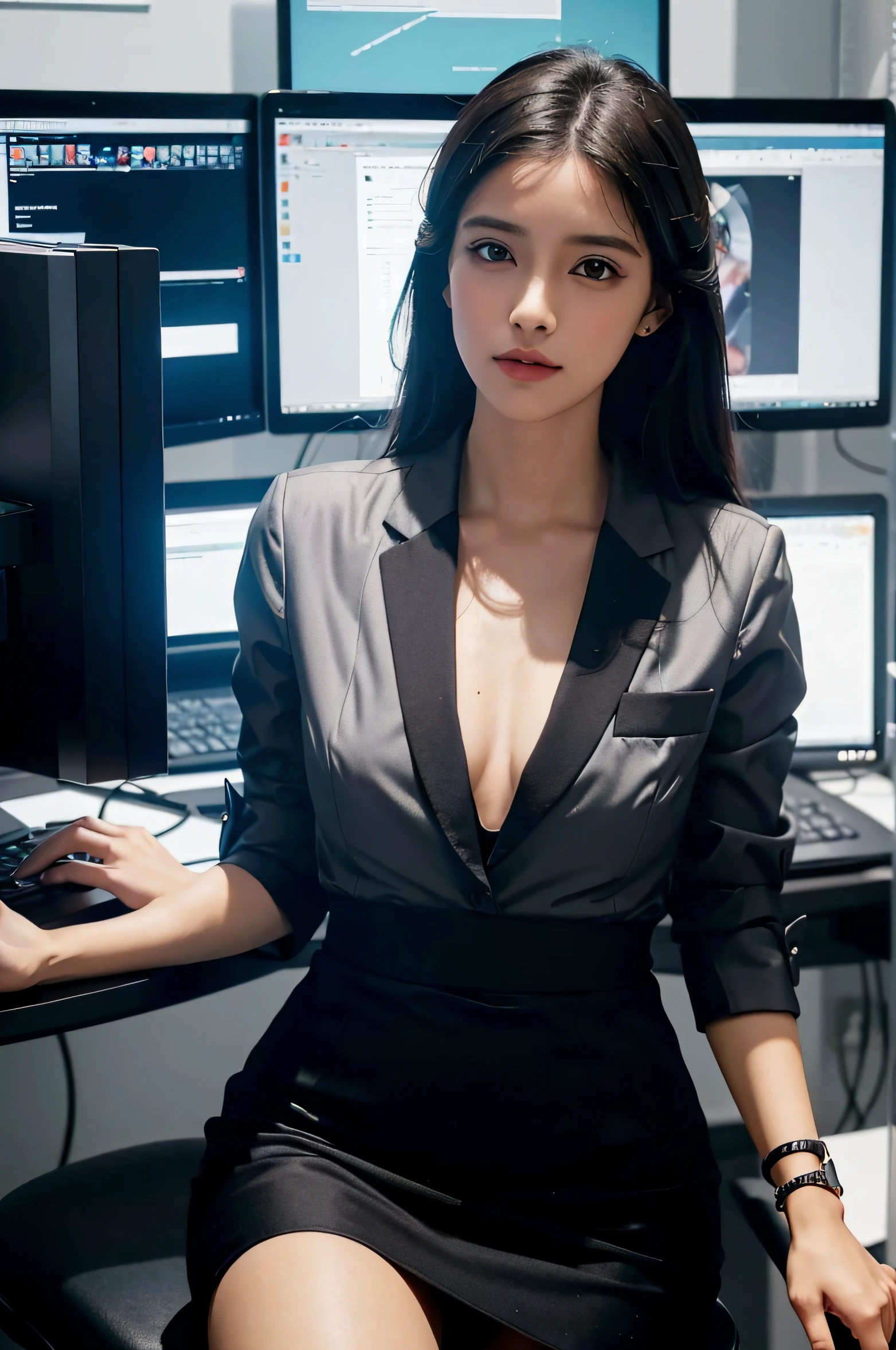 (master part), ((best quality)), (master part, best quality, arte oficial, extremamente detalhado CG unidade 8k papel de parede), , Foto de beleza, Uma ,sozinha, Stylish upper-class elite secretary in a business shirt, olhar perfeito,double-lidded eyes,Maquiagem Delicada,Working in a cyber office, wearing a strict business suit, vestido com um terno, Cyber Office, parte superior do corpo, vestido com um terno, vestido com um terno, comerciante, cyberpunk business clothes, vestindo ternos pretos, mulher em um terno, business attire,cadeira do computador,sentada,pernas de erlang,Ver o visualizador,brilhantemente,Detalhes complicados,Foco no rosto