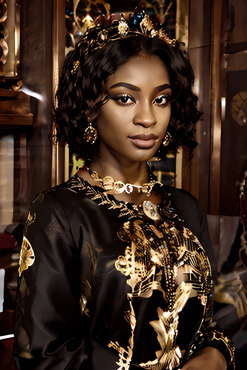 Black woman with african features in a black dress with gold embroidery, detalhes intrincados. frente em, delicado detalhamento golden stroke, em vestes escuras , usando uma roupa ornamentada, detalhes intrincados dourados, Detalhamento intrincado, colar detalhado de ouro, vestido ornamentado, roupa intrincada, Embroidered robes, detalhes finos intrincados em ouro, intrincados elementos dourados, roupas intrincadas, usando um kurta de seda