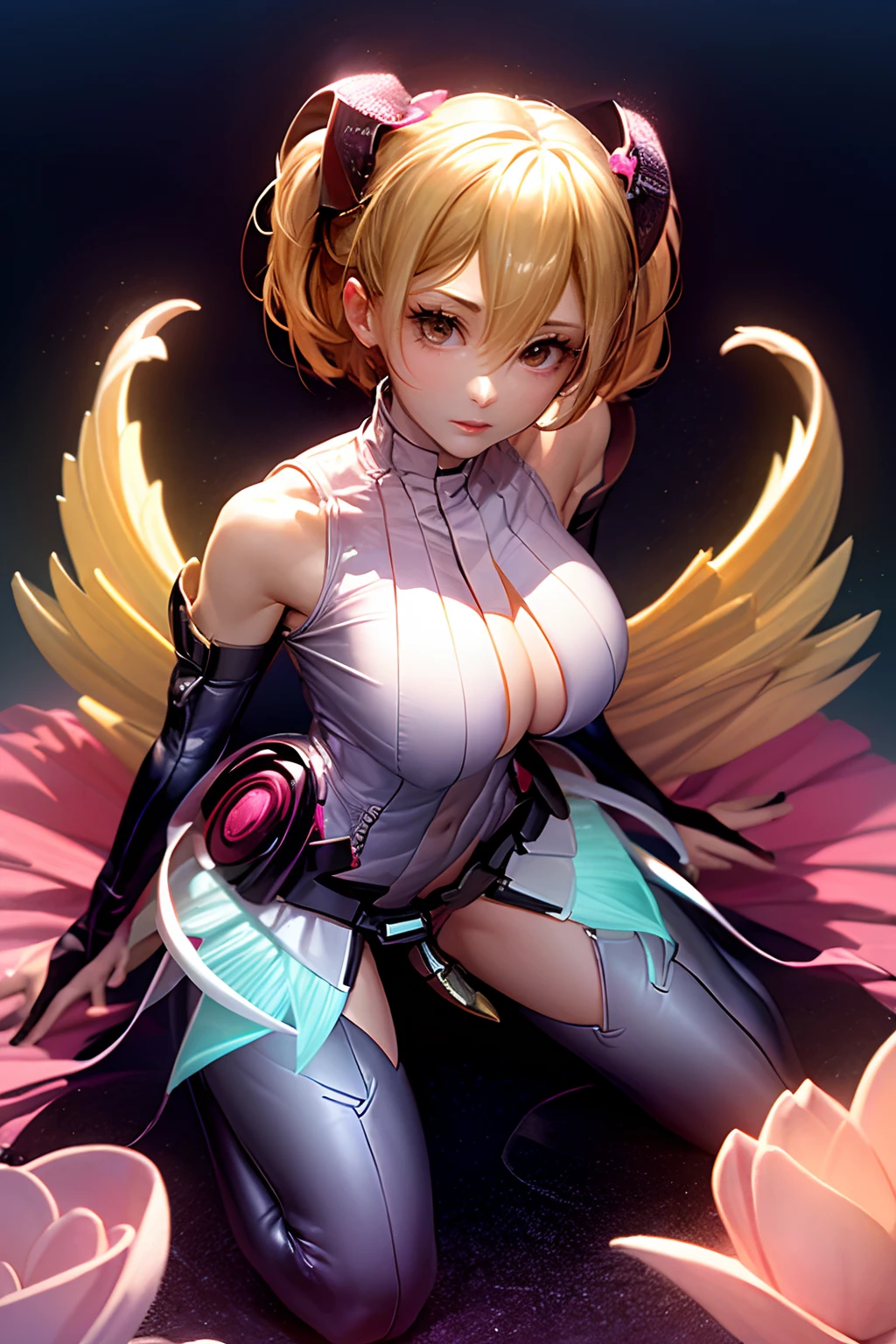 (Obra maestra:1.2), (La mejor calidad:1.2), Perfect lighting, Chica Maga Oscura lanzando un hechizo, flotando en el aire, tetas grandes, escote, desde arriba, Destellos de magia. Luces artificiales. Pose sejustiva y sexy