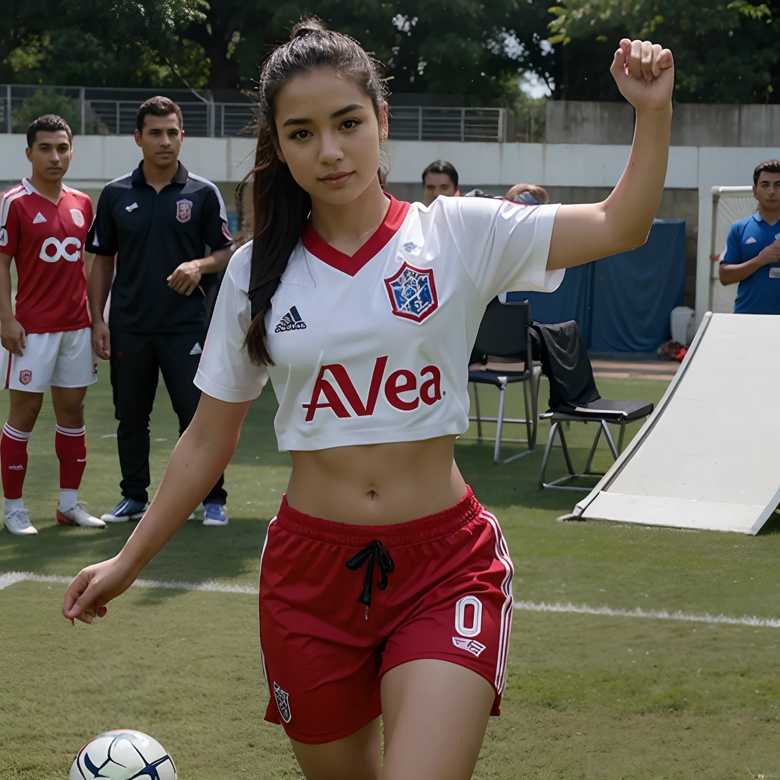 Chica asiatica joven vestida de futbolista con grandes pechos y realista