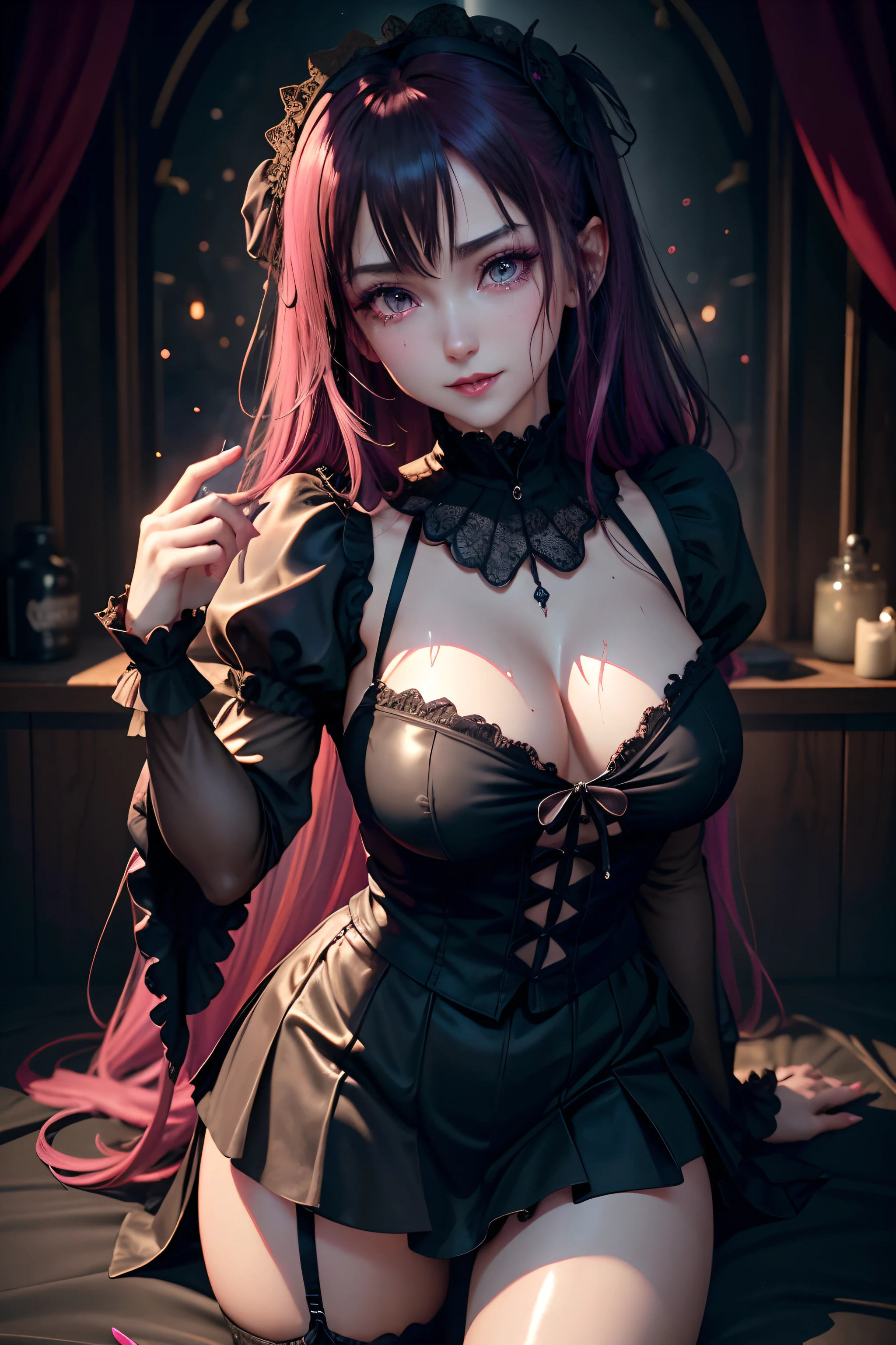 Hard Dark Gothic Makeup、Maniacal、Deep night sky、horor、Black Dark Eyeshadow、crying how bright、mourn、Good skin luster、Long hair straight hair、Dark Gothic Makeup、Dark smile、Restless Palace、Expressions of sexual arousal、Fragrant beauty、22year old、Lying、seductiv、Strong sexual pleasure facial expressions、A look of shame、Dark Gothic、Gothic ta、bell sleeves、Wizard Sleeve、Obscene look、Stained glass background、masutepiece、Best Quality、Refers to 5 books、Sweat glitters on my chest、Expression of sexual pleasure in anguish、Drunken face、maid clothes、Mysterious、noble、Face holding back the toilet、Flirty gothic lolithes、the body is wet and shiny、Transcendent sex appeal、sloppily open your legs、Glitter on thighs、I'm sweating a lot、Breast Size Medium、Affectionate smile、twin-tail hair、bright pink hair、The thighs are quite wet、Jet black ruffled mini skirt、Glamour、