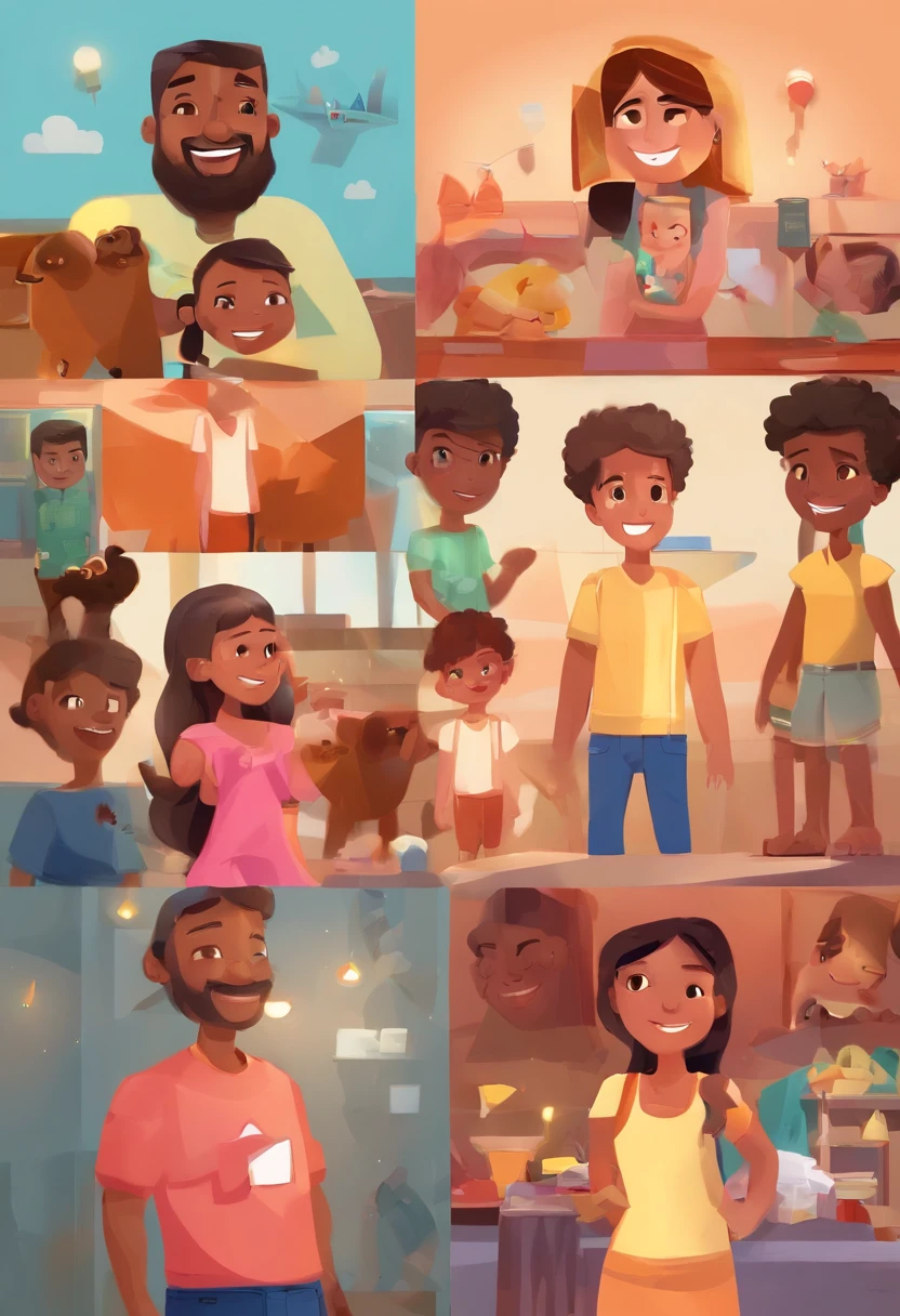 An illustration of an adorable man and his 4 children, Destaque para um homem cabelos curtos grisalhos e raspados doa lados sorridentes e uma mulher morena 21 anos com lindos olhos expressivos com cabelos curtos, outra linda mulher 18anos pele branca cabelos claros, olhos puxador, uma menina com 5 anos morena e olhos expressivos, um menino 10 anos pele clara, straight hair - the man's skin is clear and the man's hair has, while the woman's skin is black and the woman's hair is straight and brown. They are a bright room, cada um com um sorriso no rosto, e compartilhar um momento especial caracterizado pelo amor, Insights. Illustrate this scene from a perspective where they are facing the camera, Smiling and Showing Your Connection. Desenvolva esta arte em Full HD, Focus on your cinematic touch, Estilo Disney Pixar Animations