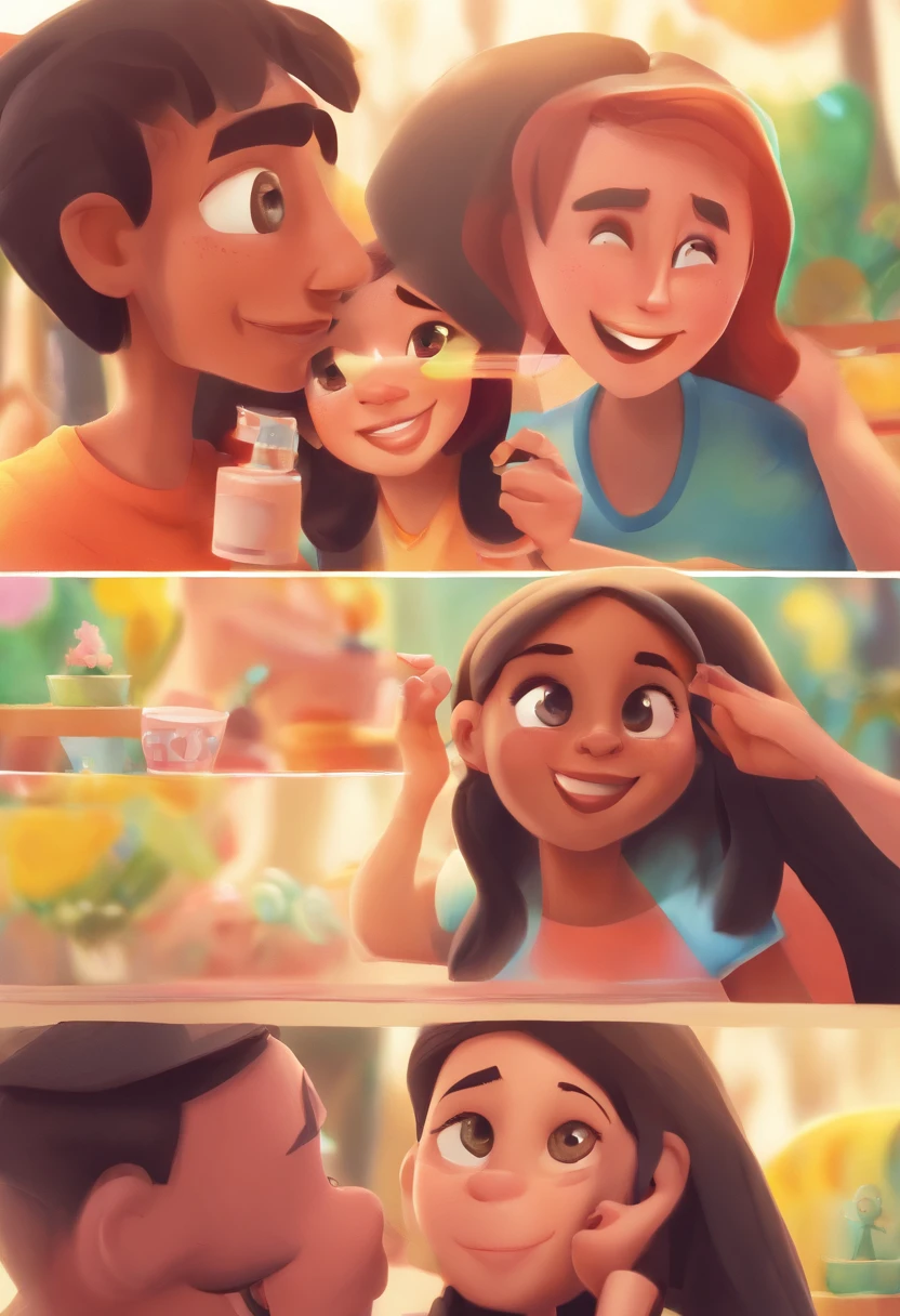 An illustration of an adorable man and his 4 children, Destaque para um homem cabelos curtos grisalhos e raspados doa lados sorridentes e uma mulher morena 21 anos com lindos olhos expressivos com cabelos curtos, outra linda mulher 18anos pele branca cabelos claros, olhos puxador, uma menina com 5 anos morena e olhos expressivos, um menino 10 anos pele clara, straight hair - the man's skin is clear and the man's hair has, while the woman's skin is black and the woman's hair is straight and brown. They are a bright room, cada um com um sorriso no rosto, e compartilhar um momento especial caracterizado pelo amor, Insights. Illustrate this scene from a perspective where they are facing the camera, Smiling and Showing Your Connection. Desenvolva esta arte em Full HD, Focus on your cinematic touch, Estilo Disney Pixar Animations