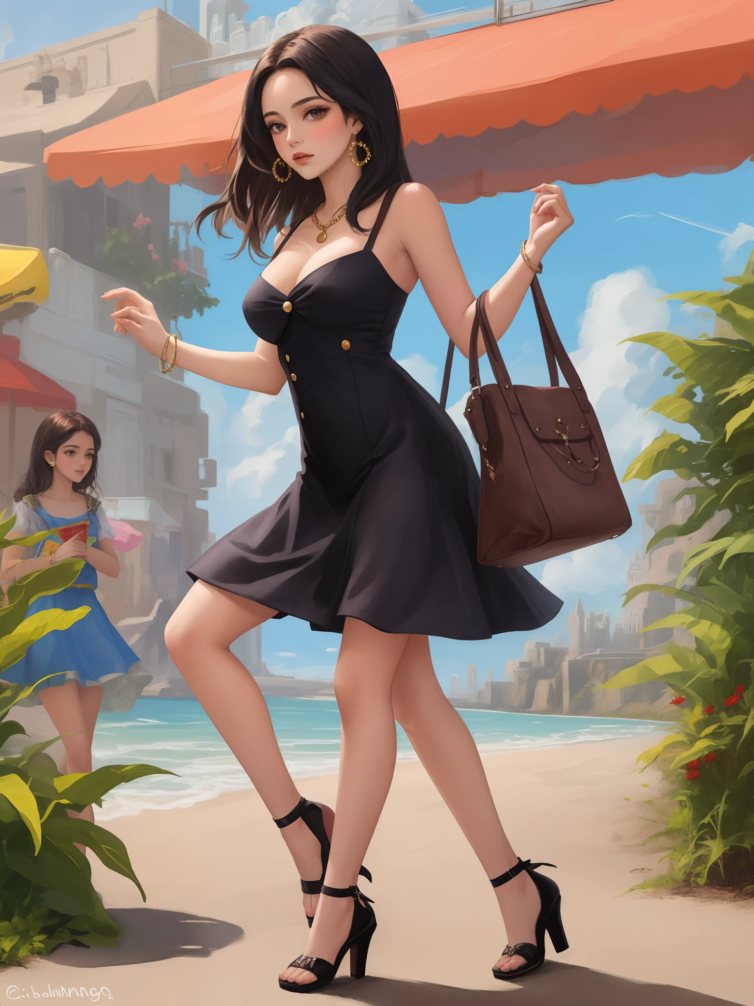 Mulher morena, cabelo preto liso longo, bolsa, sombrinha, roupa composta vestido, na cidade. Estilo Disney pixar
