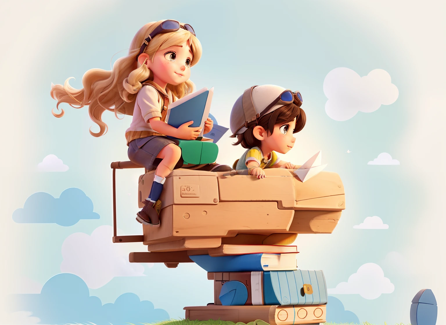 There is a girl and a boy aviator hat sitting on a book with a paper airplane, illustration of children's books, cute storybook illustration, menino com capacete de aviador, base aviao livros