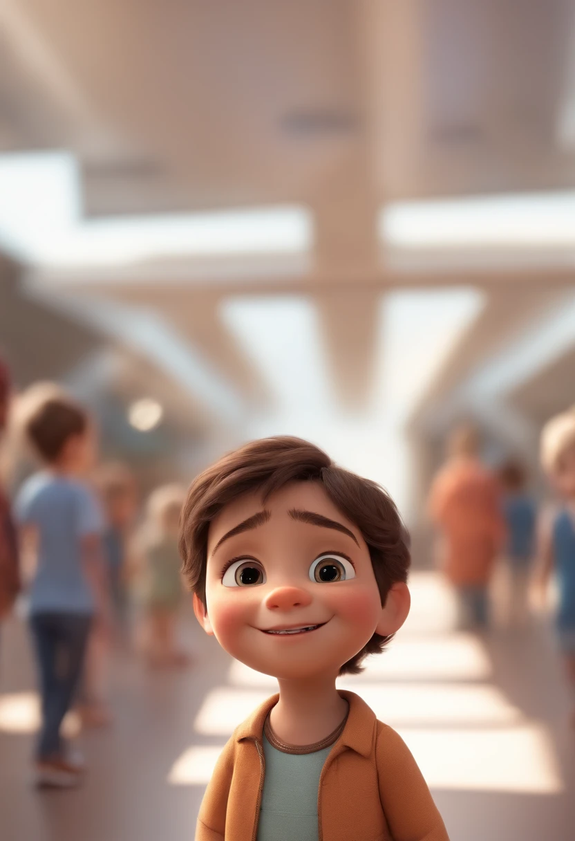 a happy cute kid standing short hair, vestindo uma fantasia espacial, , fundo branco, barnet, Tom, Estilo Pixar, ....3d, desenhos animados, rosto detalhado, asymmetrical 16k