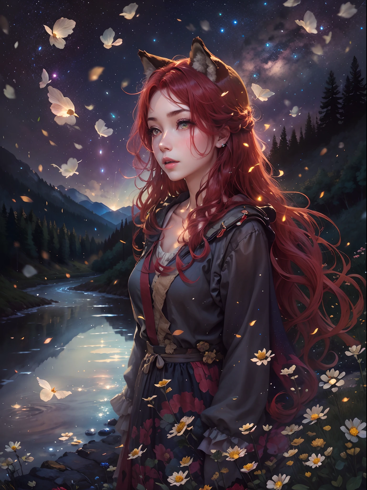 Solo Scarlet Wolf Metamorph Girl With Wolf Ears, I was walking down the side of the mountain, strewn with white flowers in the dew, The slope led to a beautiful valley, which was pierced by a wide, Lazy River. The night sky sparkled with the magical light of myriads of stars and distant nebulae. The sky was reflected in the water of the river. With every step, Flocks of bright greenish fireflies flew out from under their feet. Pleasant, A warm breeze blew over her dreamy face and gently swayed her long red hair