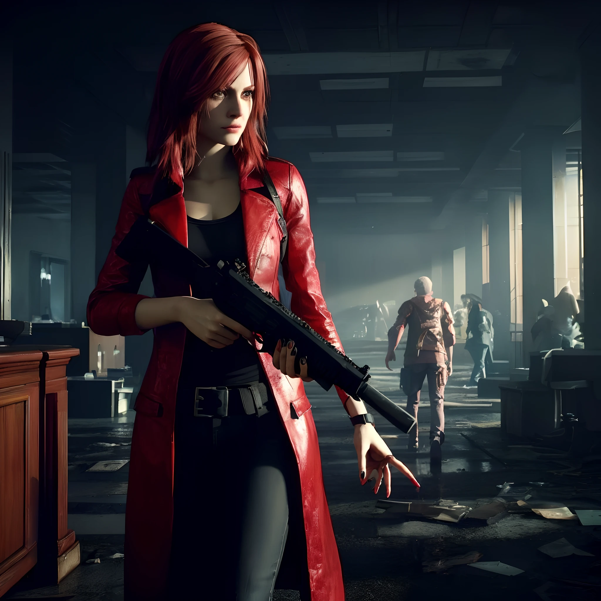 4K, HD, ((Claire Redfield 40 years old)), beautiful face, looking at viewer, very long red hair, perfect Face, black jeans, red long coat with black t-shirt, red nail polish, friendly face, Glare, holding a gun