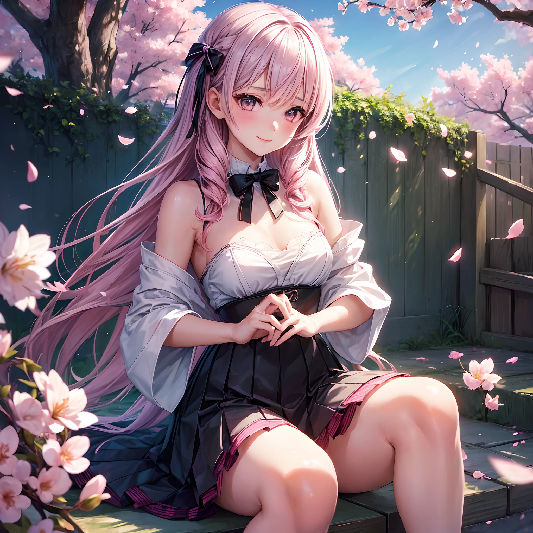 (girl with:1.5),academy，schools，Lace,bow ribbon,(masutepiece,a beauty girl， side lights, Dense beautiful gray eyes: 1.2), medium breasts⁩, Realistic, Glowing eyes,Pink hair，Shiny hair,Black hair,Long long hair, Lustrous skin, Solo, embarrassed from,Strapless,Exquisite,beautifly,a smile，校服，garden,Flowers,Flying petals, Bare legs, cherry blossom, Cinematic Light, girl，Cinematic composition, abundant