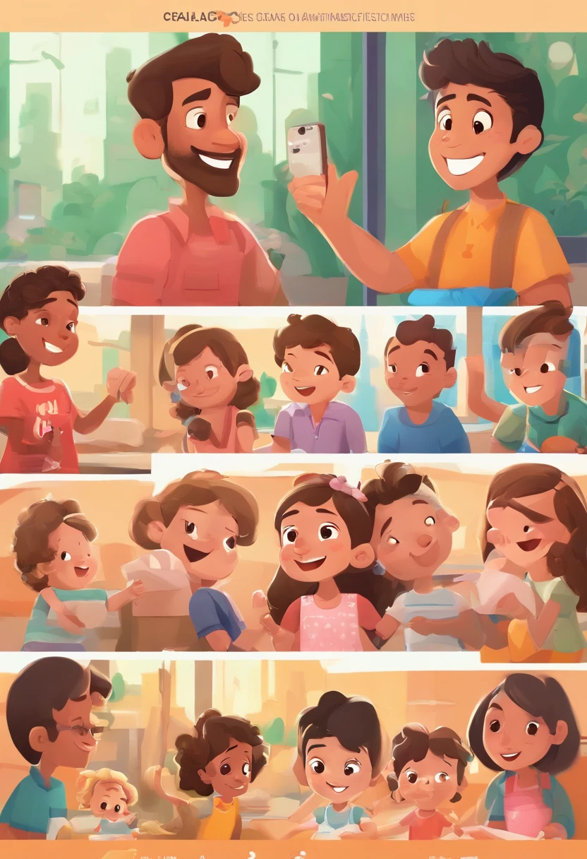 An illustration of an adorable man and his 4 children, Destaque para um homem cabelos curtos grisalhos e raspados doa lados sorridentes e uma mulher morena 21 anos com lindos olhos expressivos com cabelos curtos, outra linda mulher 18anos pele branca cabelos claros, olhos puxador, uma menina com 5 anos morena e olhos expressivos, um menino 10 anos pele clara, cabelos lisos - cada um com um sorriso no rosto, e compartilhar um momento especial caracterizado pelo amor, Insights. Illustrate this scene from a perspective where they are facing the camera, Smiling and Showing Your Connection. Estilo Disney Pixar Animations