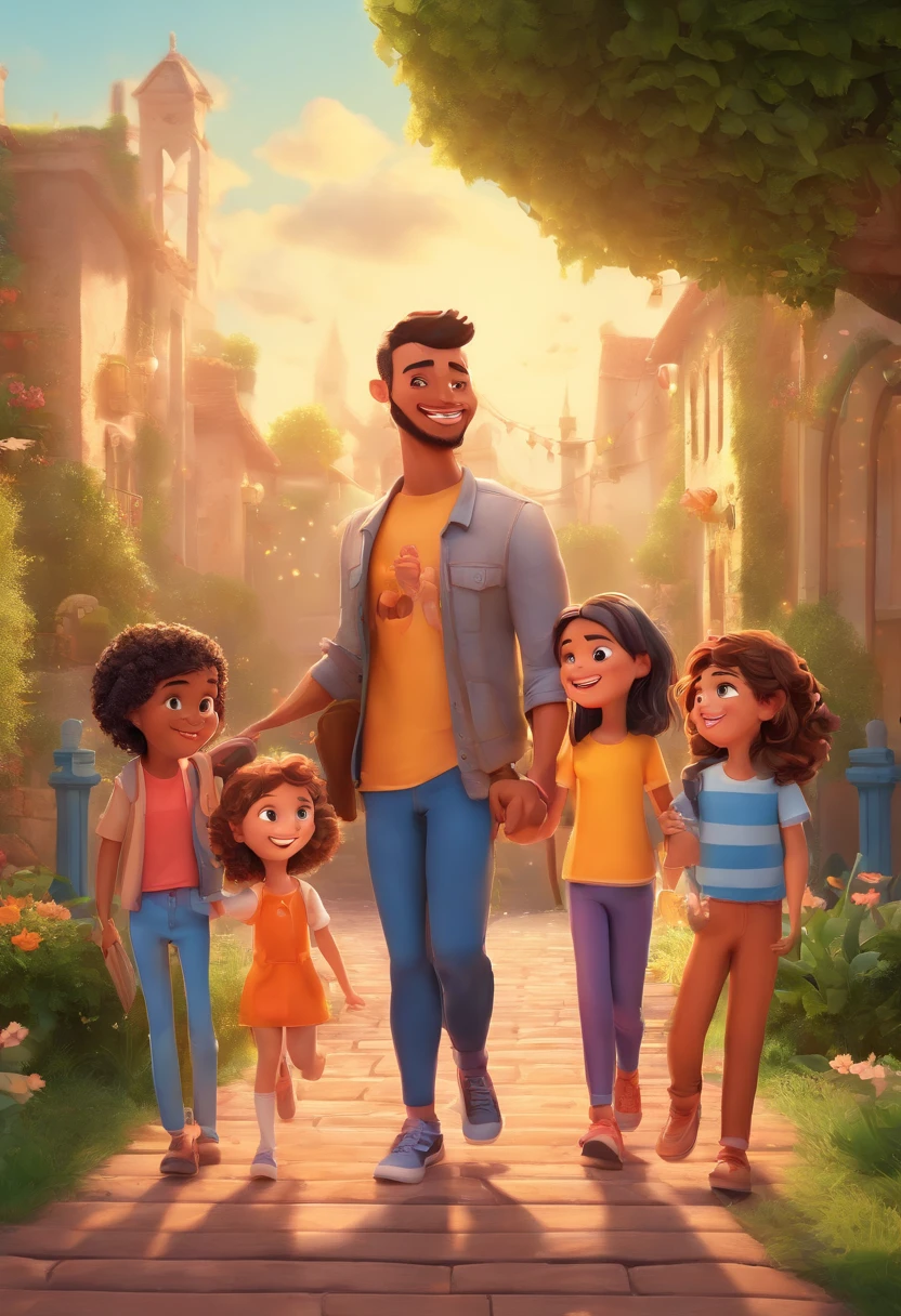 An illustration of an adorable man and his 4 children, Destaque para um homem cabelos curtos grisalhos e raspados doa lados sorridentes e uma mulher morena 21 anos com lindos olhos expressivos com cabelos curtos, outra linda mulher 18anos pele branca cabelos claros, olhos puxador, uma menina com 5 anos morena e olhos expressivos, um menino 10 anos pele clara, cabelos lisos - cada um com um sorriso no rosto, e compartilhar um momento especial caracterizado pelo amor, Insights. Illustrate this scene from a perspective where they are facing the camera, Smiling and Showing Your Connection. Estilo Disney Pixar Animations