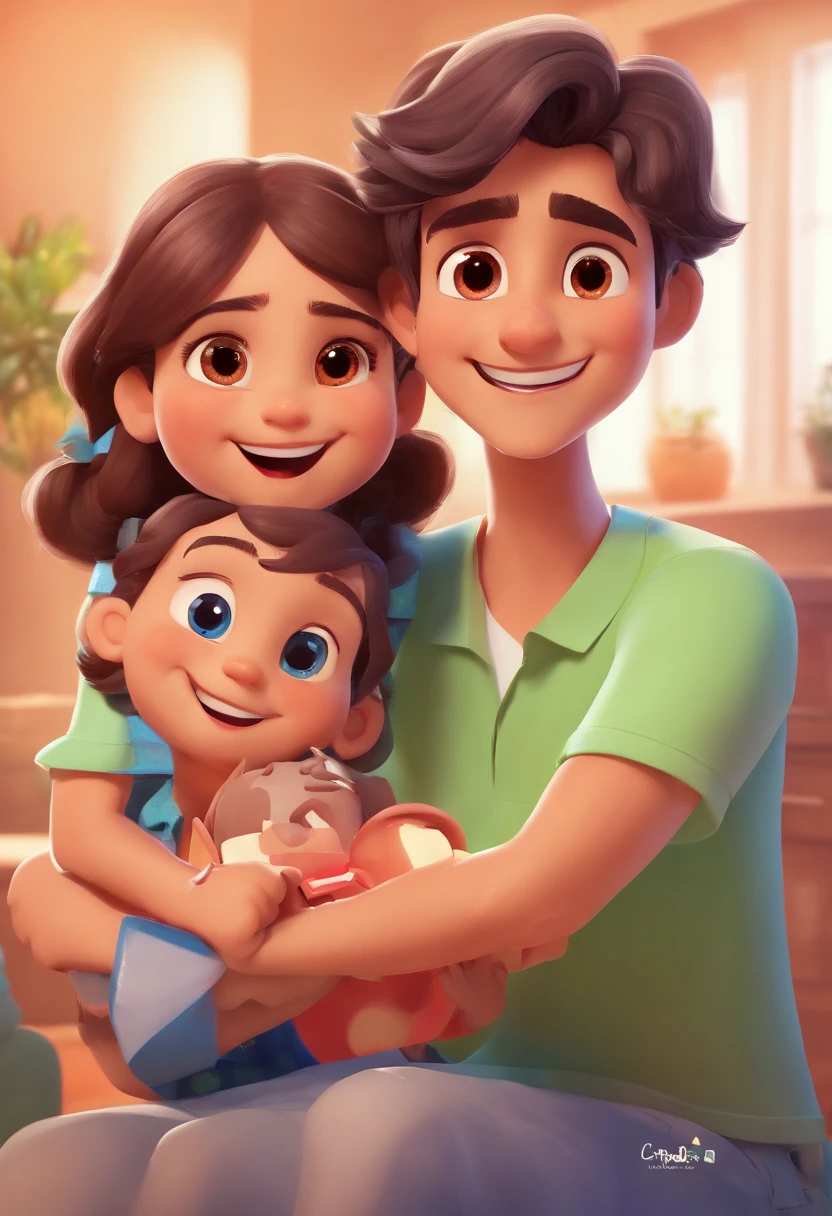 An illustration of an adorable man and his 4 children, Destaque para um homem cabelos curtos grisalhos e raspados doa lados sorridentes e uma mulher morena 21 anos com lindos olhos expressivos com cabelos curtos, outra linda mulher 18anos pele branca cabelos claros, olhos puxador, uma menina com 5 anos morena e olhos expressivos, um menino 10 anos pele clara, cabelos lisos - cada um com um sorriso no rosto, e compartilhar um momento especial caracterizado pelo amor, Insights. Illustrate this scene from a perspective where they are facing the camera, Smiling and Showing Your Connection. Estilo Disney Pixar Animations
