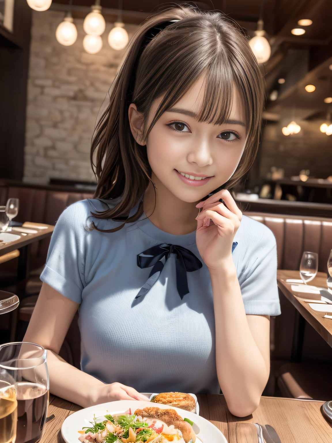 (Top image quality,4K,8K,Hi-Res,masuter piece:1.2),Ultra-fine,(realisitic,photoRealstic,Photorealsitic:1.37),portlate,illustratio,Clear background,Hair details,Face Details,Eyes in detail,A smile,Beautiful facial features,cute little、poneyTail,Brown hair,blue eyess,Large ribbon,Vibrant colors,Soft lighting, student clothes、Dine at a restaurant、She sits across from me、